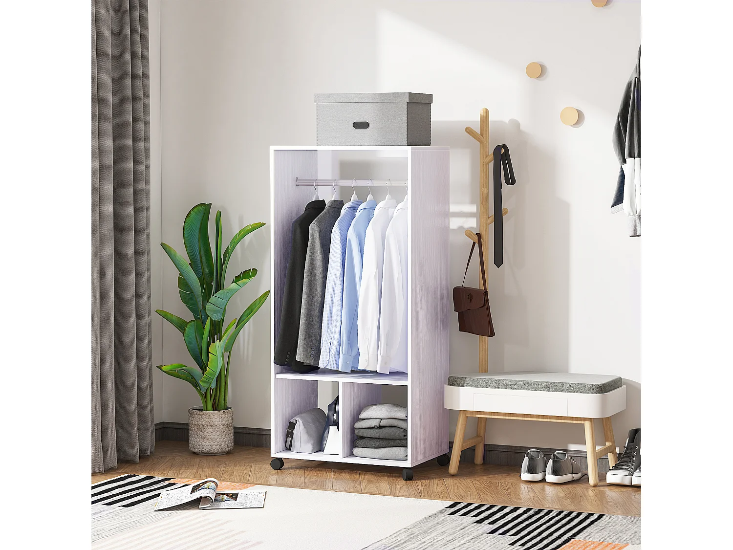 Portant à vêtements penderie mobile avec roulettes 2 niches + grand espace penderie panneaux particules blanc