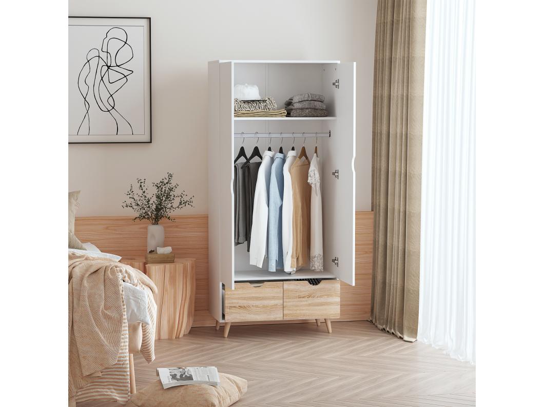 Armoire de rangement design scandinave - armoire de chambre - placard 2 portes avec penderie et étagère - 2 tiroirs coulissants - panneaux particules blanc chêne clair
