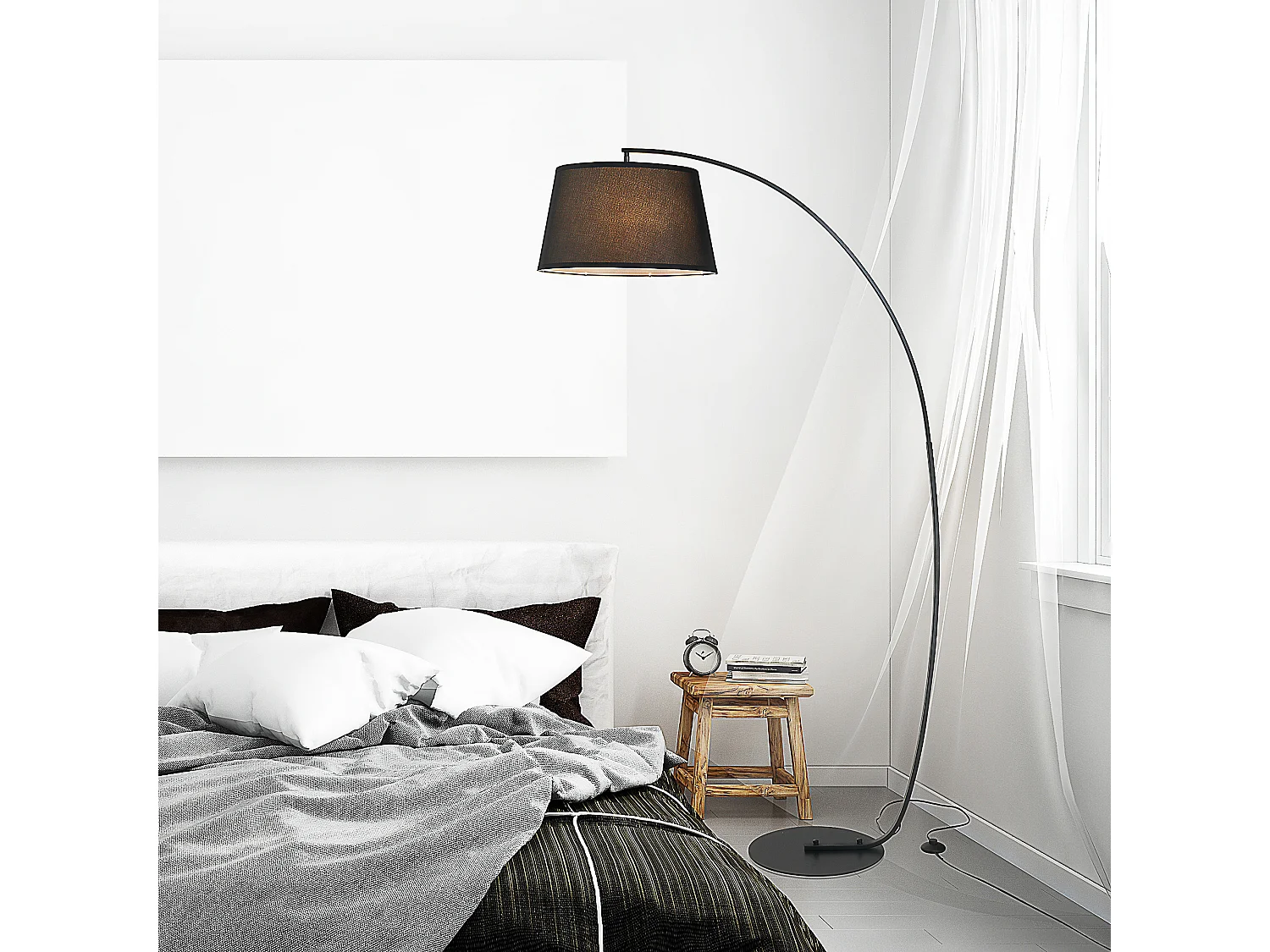 Lampe lampadaire à arc salon courbée - Lampe arceau moderne en métal - Lampadaire sur pied métal lin noir