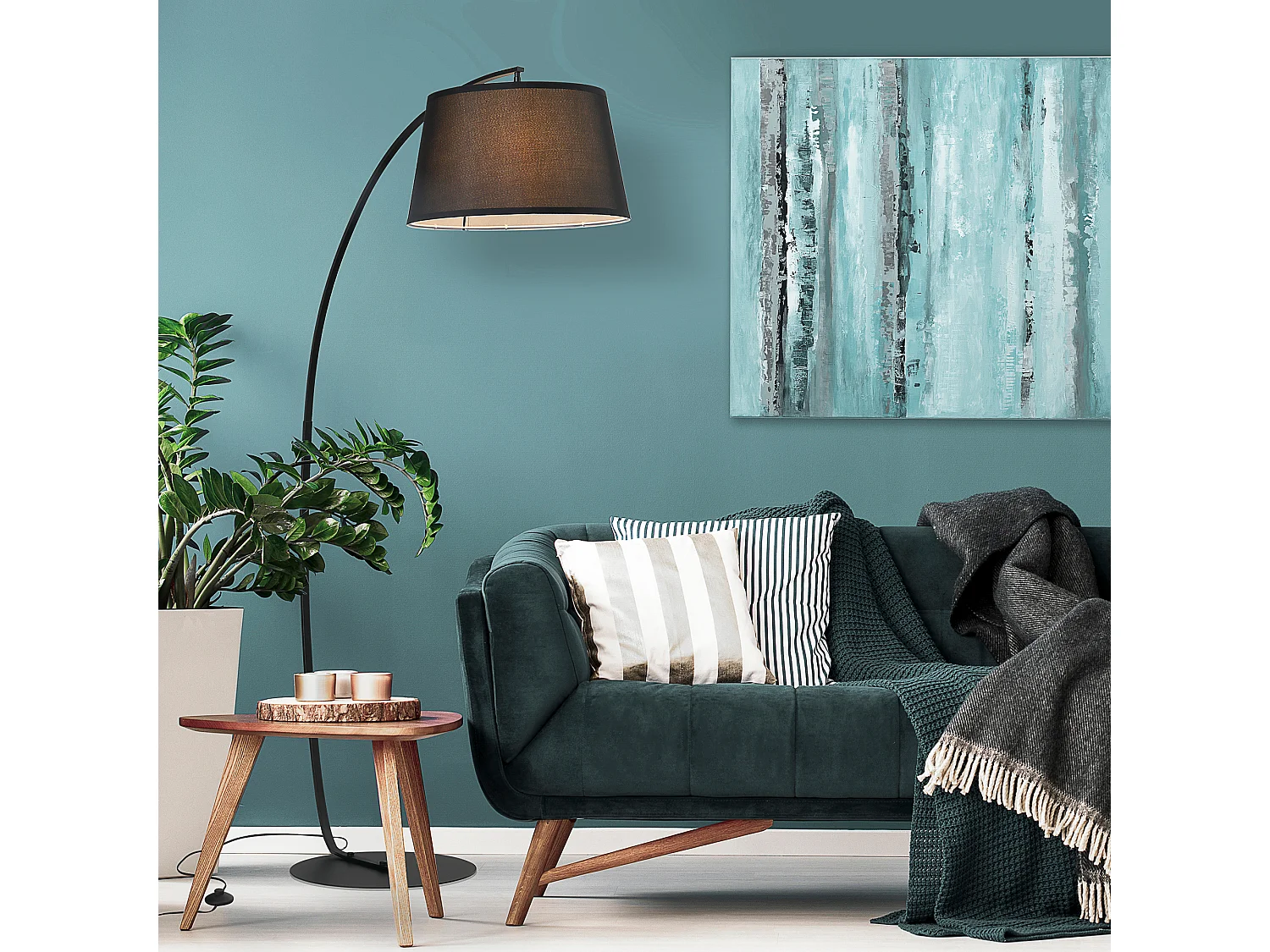 Lampe lampadaire à arc salon courbée - Lampe arceau moderne en métal - Lampadaire sur pied métal lin noir