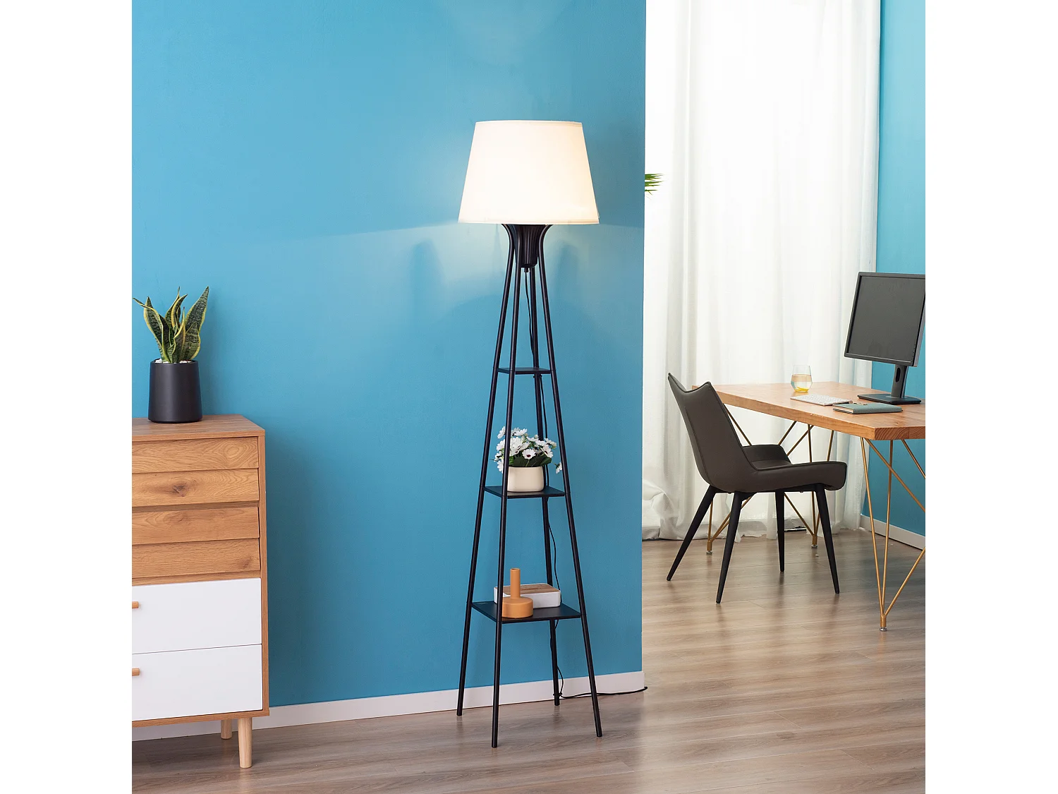 Lampadaire design contemporain 3 étagères intégrées 40 W 173H cm métal noir polyester coton crème