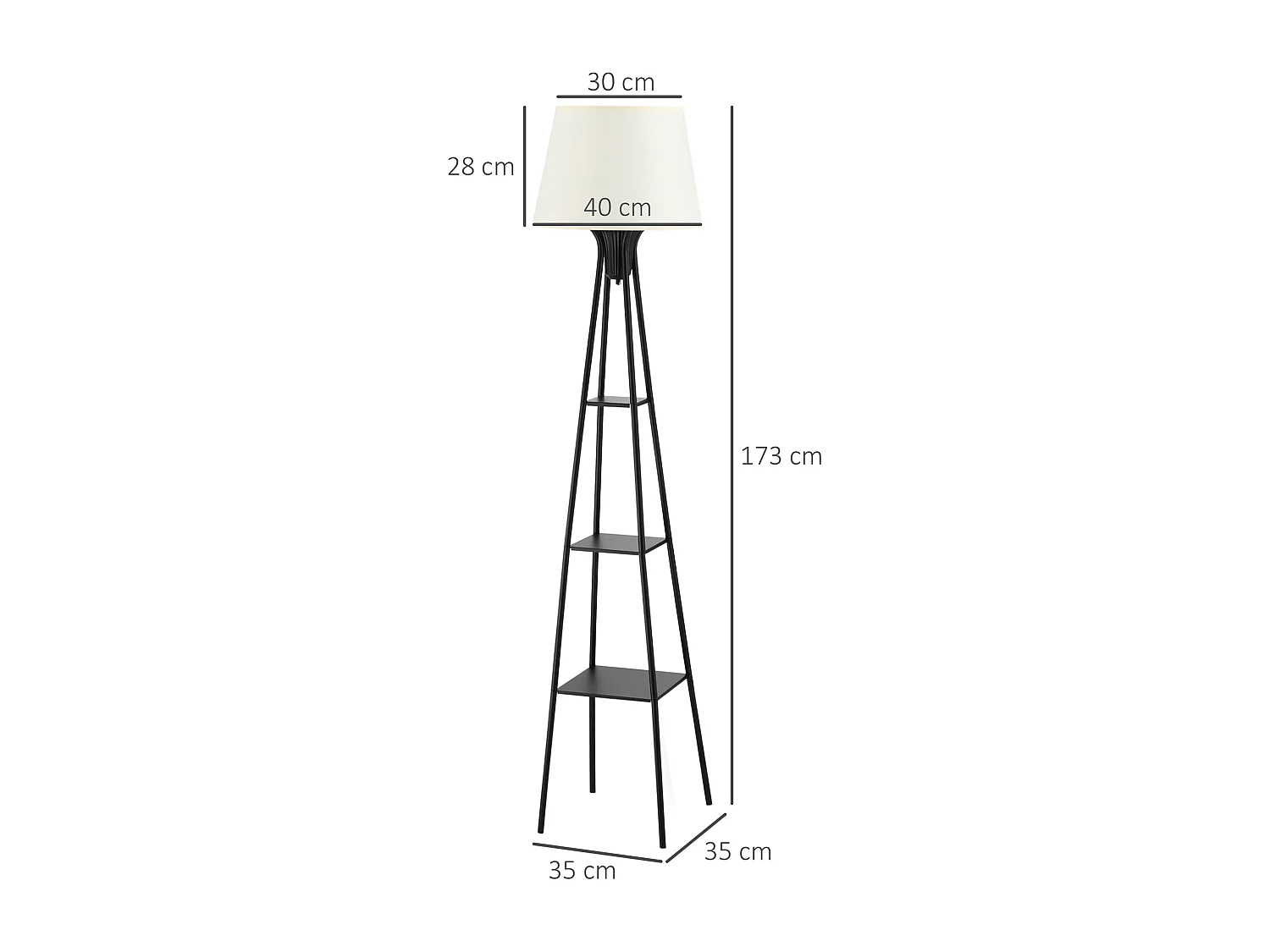 Lampadaire design contemporain 3 étagères intégrées 40 W 173H cm métal noir polyester coton crème