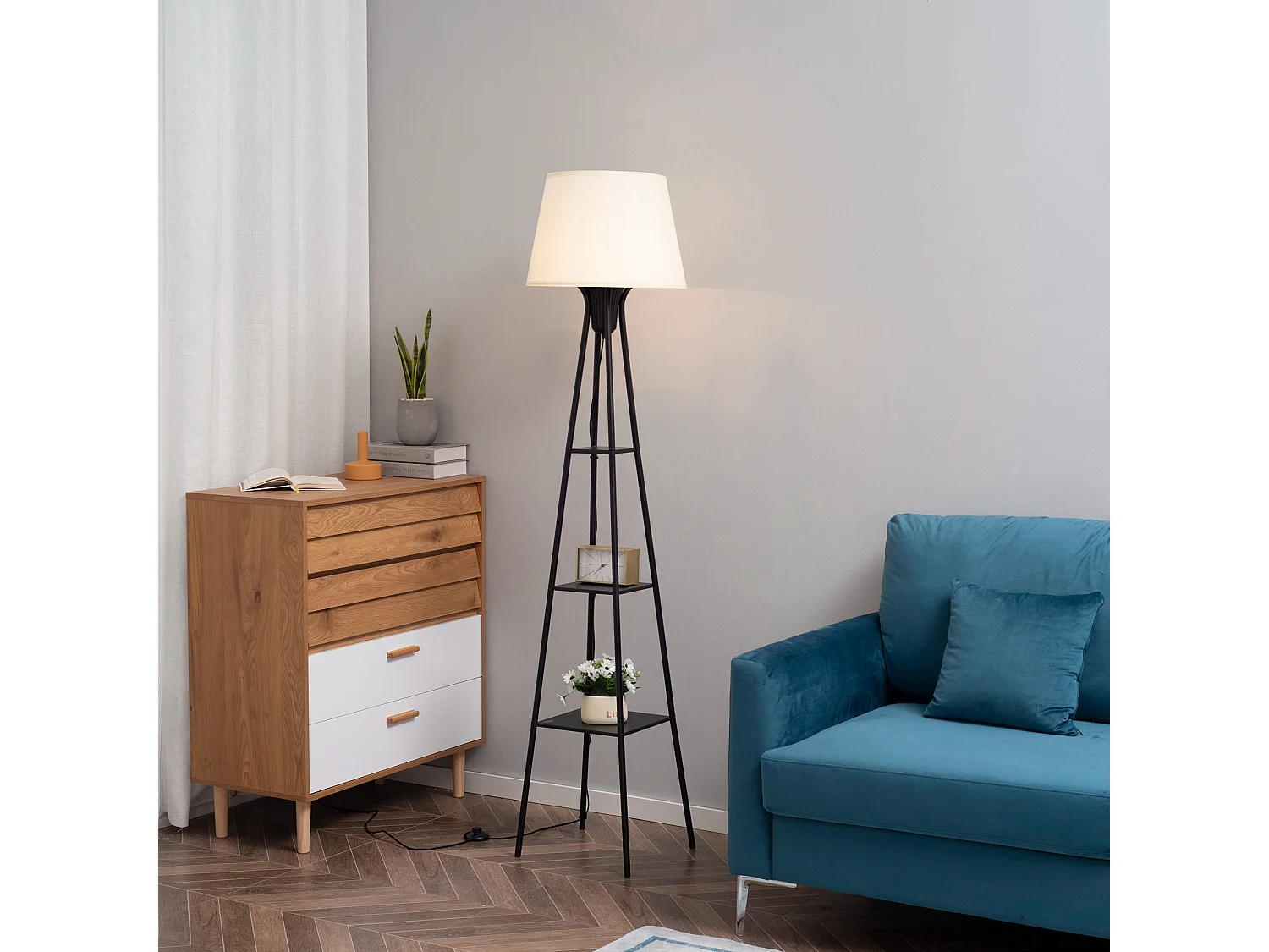 Lampadaire design contemporain 3 étagères intégrées 40 W 173H cm métal noir polyester coton crème