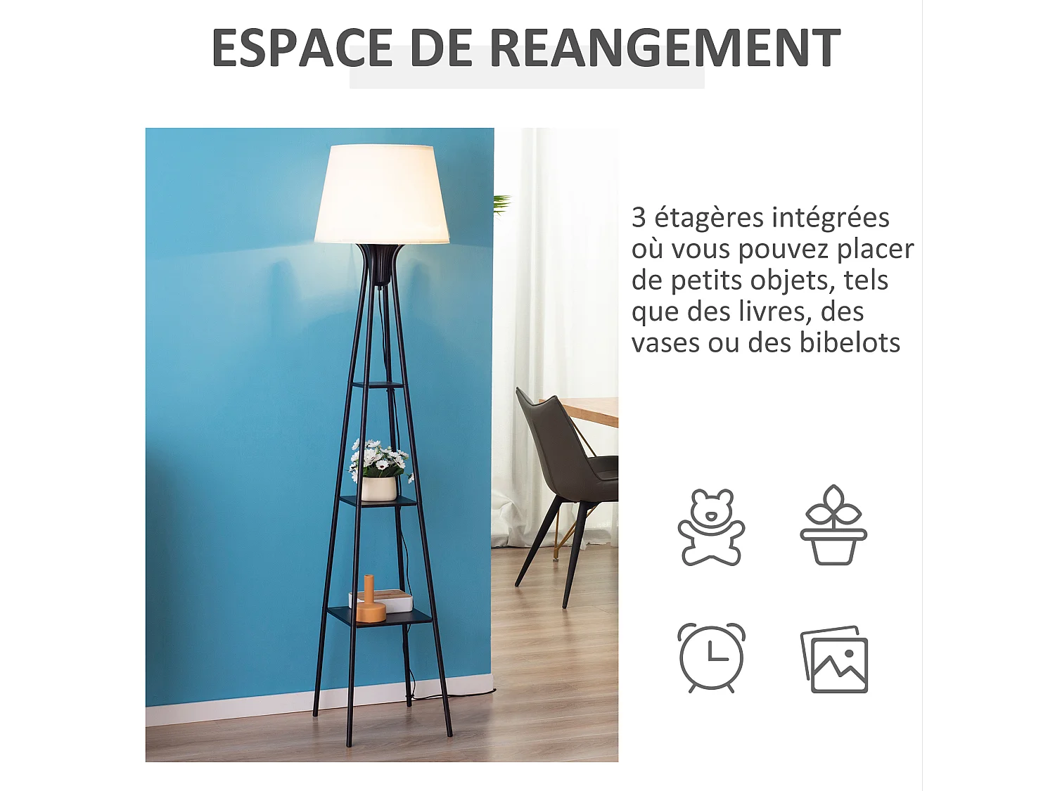 Lampadaire design contemporain 3 étagères intégrées 40 W 173H cm métal noir polyester coton crème