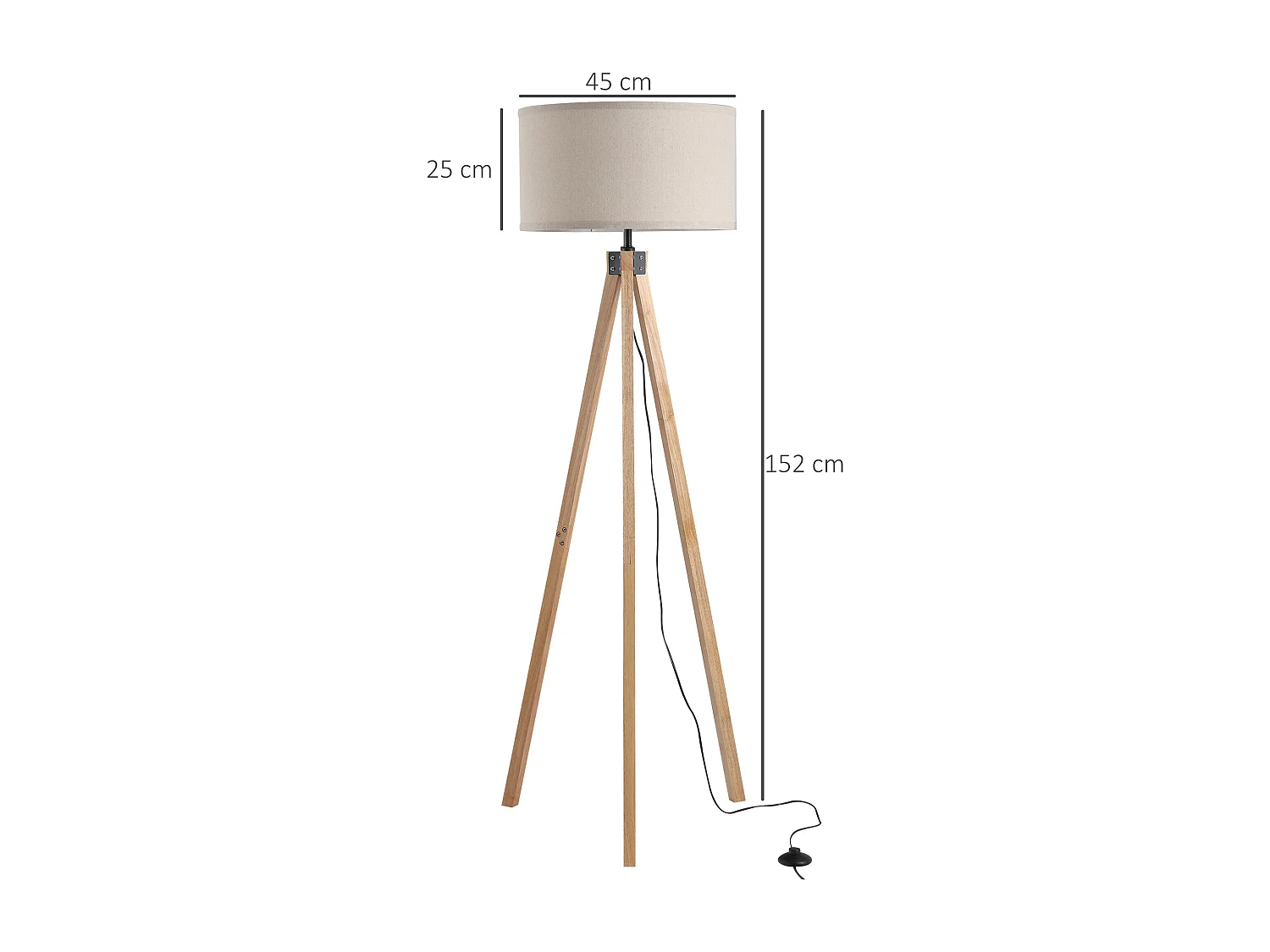 Lampadaire trépied style scandinave 40 W max. dim. 45L x 45l x 152H cm bois de pin lin beige