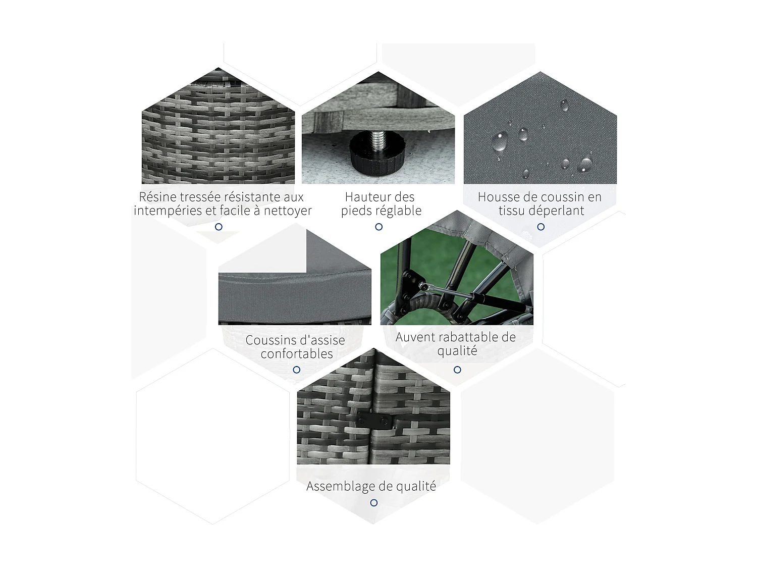 Lit canapé de jardin modulable grand confort pare-soleil pliable 5 coussins 3 oreillers 180L x 175l x 147H cm résine tressée polyester gris