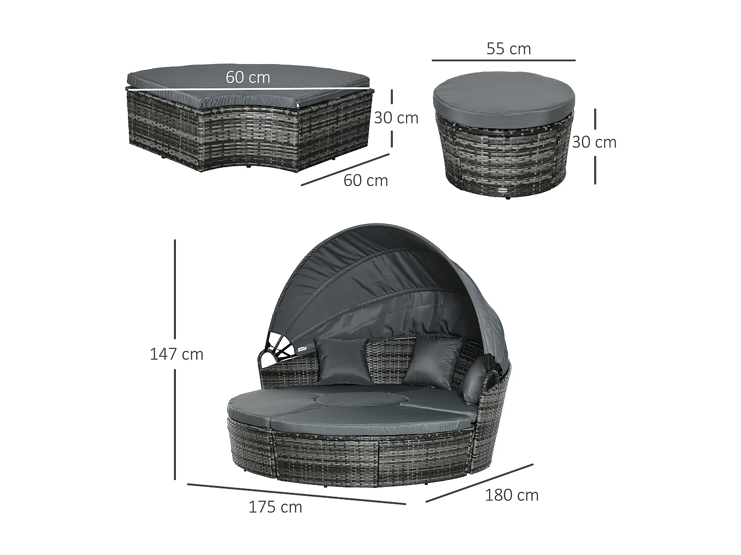 Lit canapé de jardin modulable grand confort pare-soleil pliable 5 coussins 3 oreillers 180L x 175l x 147H cm résine tressée polyester gris