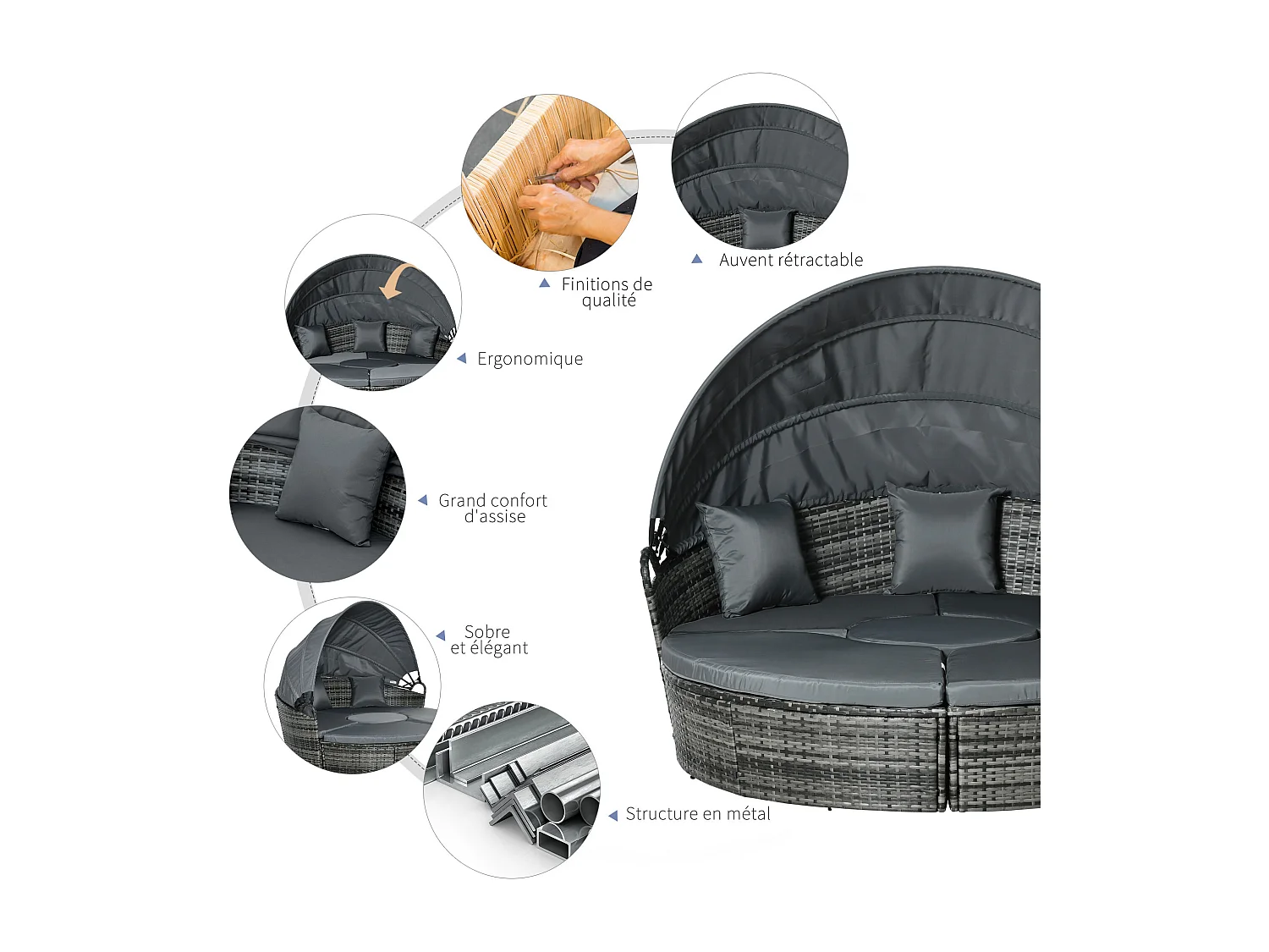 Lit canapé de jardin modulable grand confort pare-soleil pliable 5 coussins 3 oreillers 180L x 175l x 147H cm résine tressée polyester gris