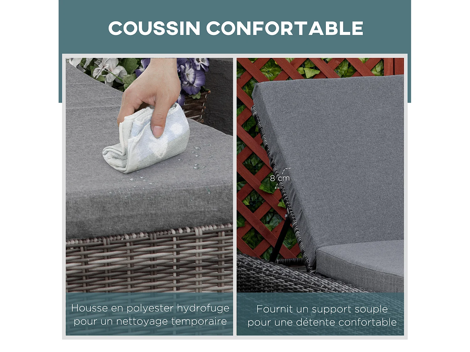 Bain de soleil transat grand confort matelas inclinaison réglable multipositions résine tressée grise