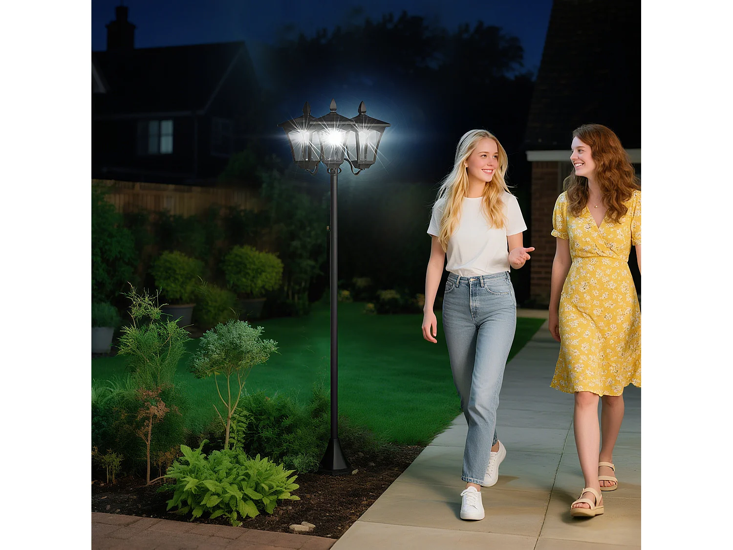 Lampadaire de jardin luminaire extérieur solaire LED 3 têtes 120 Lm dim. 51,5L x 47l x 182,5H cm acier inox. plastique noir