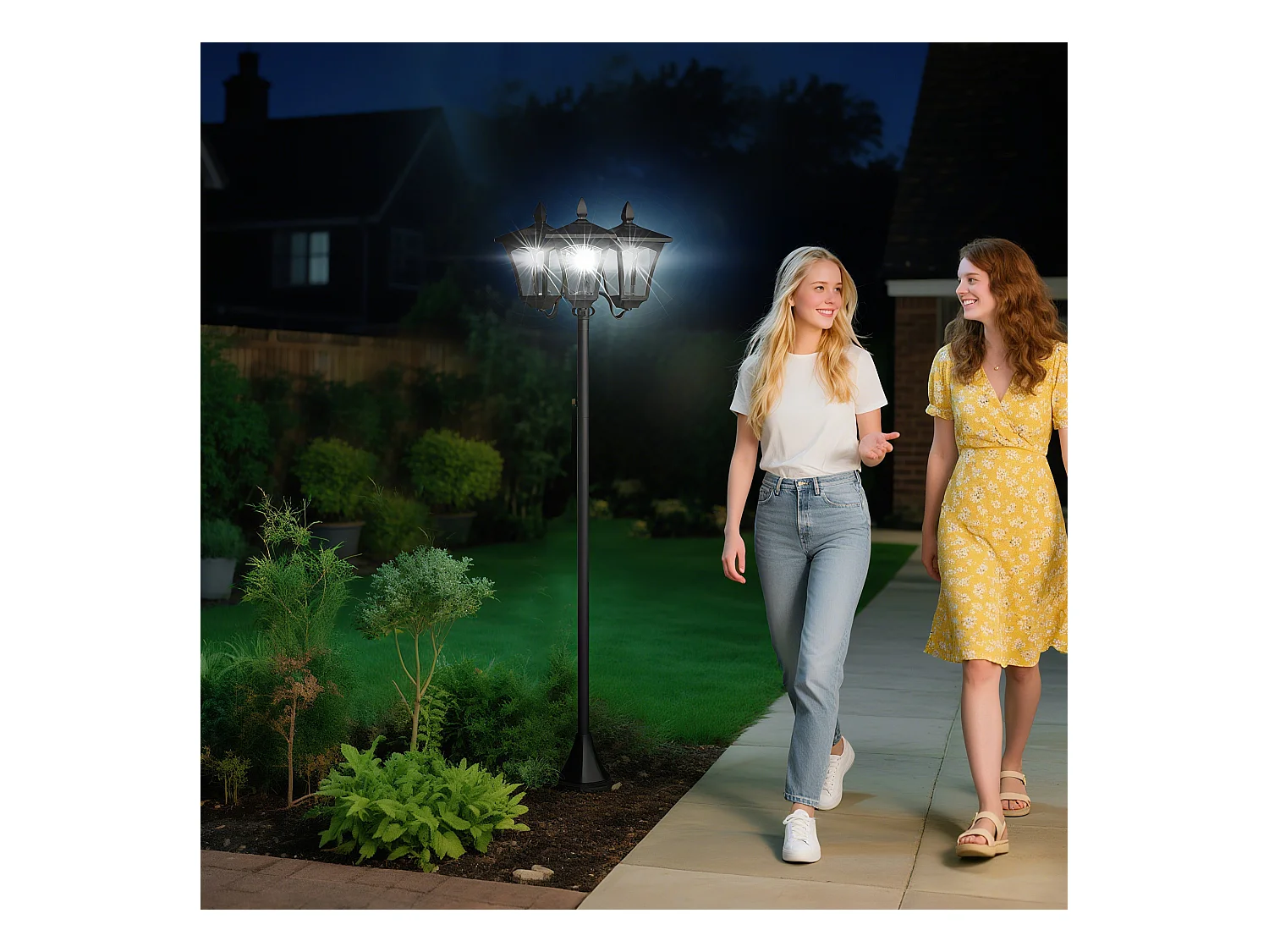 Lampadaire de jardin luminaire extérieur solaire LED 3 têtes 120 Lm dim. 51,5L x 47l x 182,5H cm acier inox. plastique noir
