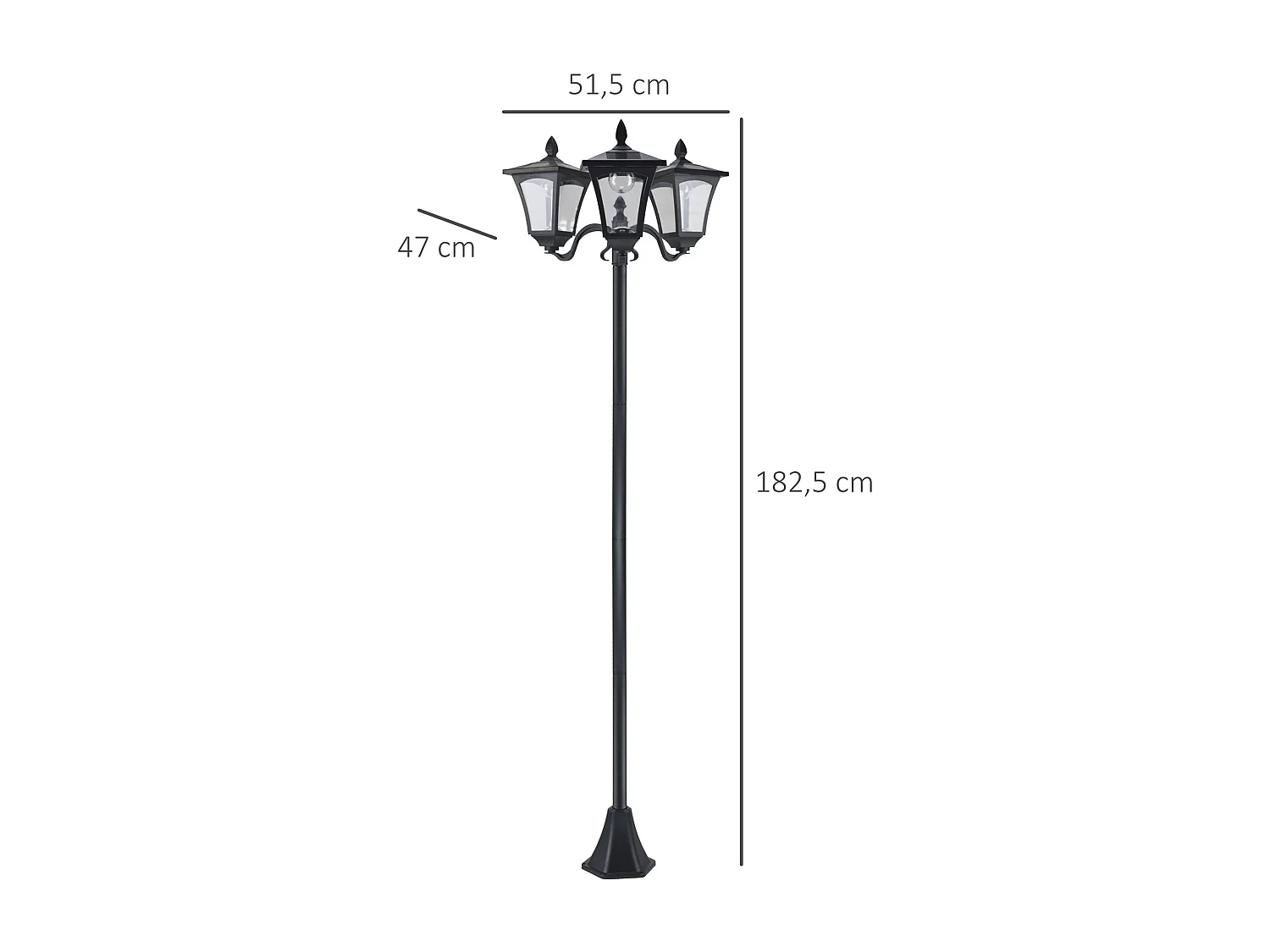 Lampadaire de jardin luminaire extérieur solaire LED 3 têtes 120 Lm dim. 51,5L x 47l x 182,5H cm acier inox. plastique noir