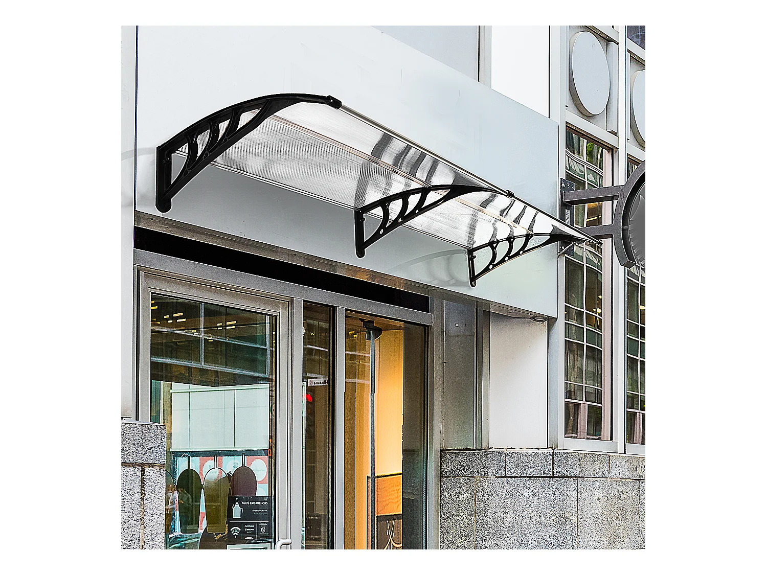 Auvent marquise de porte design voûté arrondi dim. 195L x 80l x 23H cm polycarbonate plastique noir