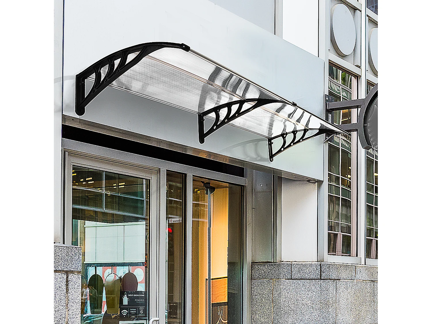 Auvent marquise de porte design voûté arrondi dim. 195L x 80l x 23H cm polycarbonate plastique noir