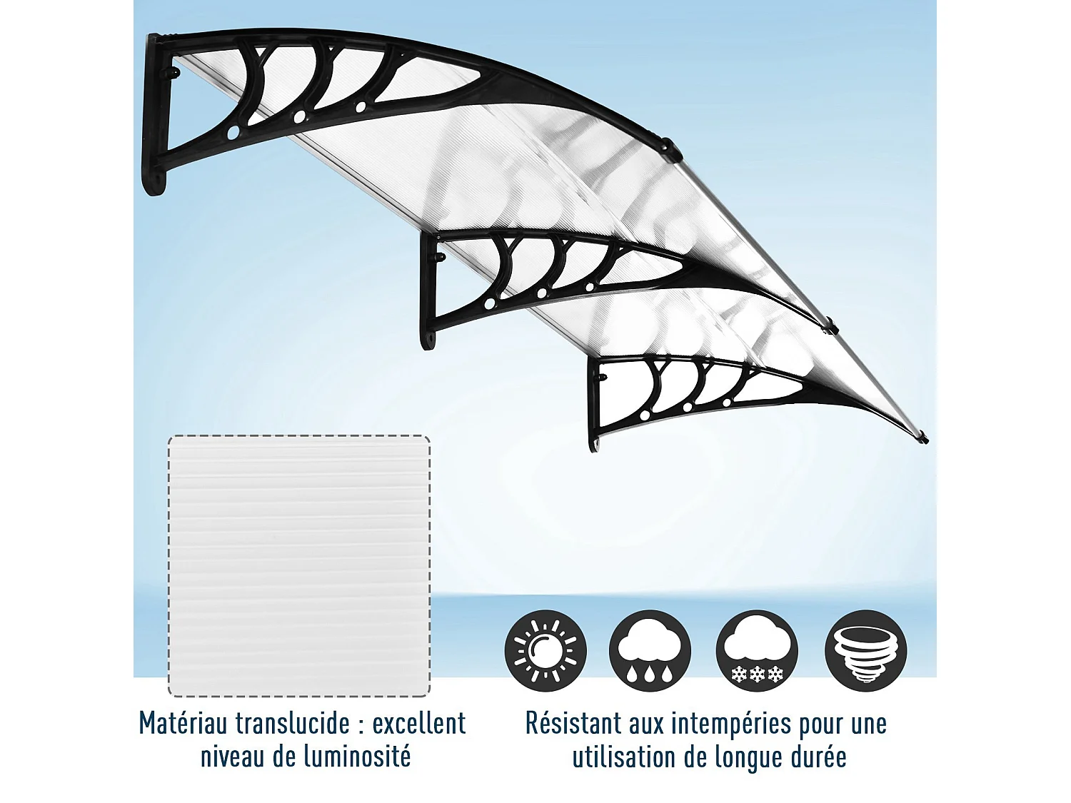 Auvent marquise de porte design voûté arrondi dim. 195L x 80l x 23H cm polycarbonate plastique noir