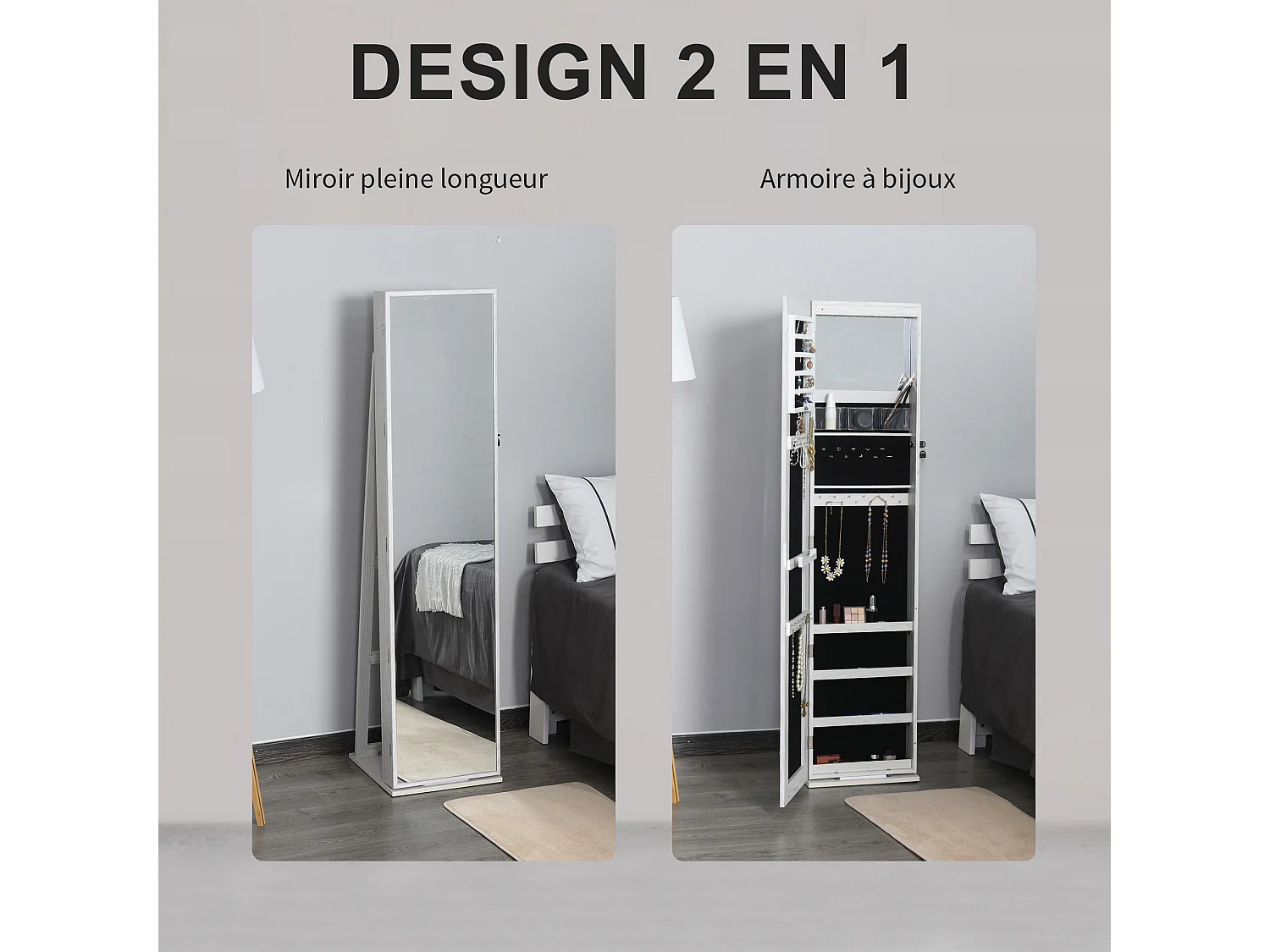 HOMCOM Armoire à bijoux avec miroir sur pied multi-rangements éclairage LED blanc dim. 38L x 38l x H157 cm