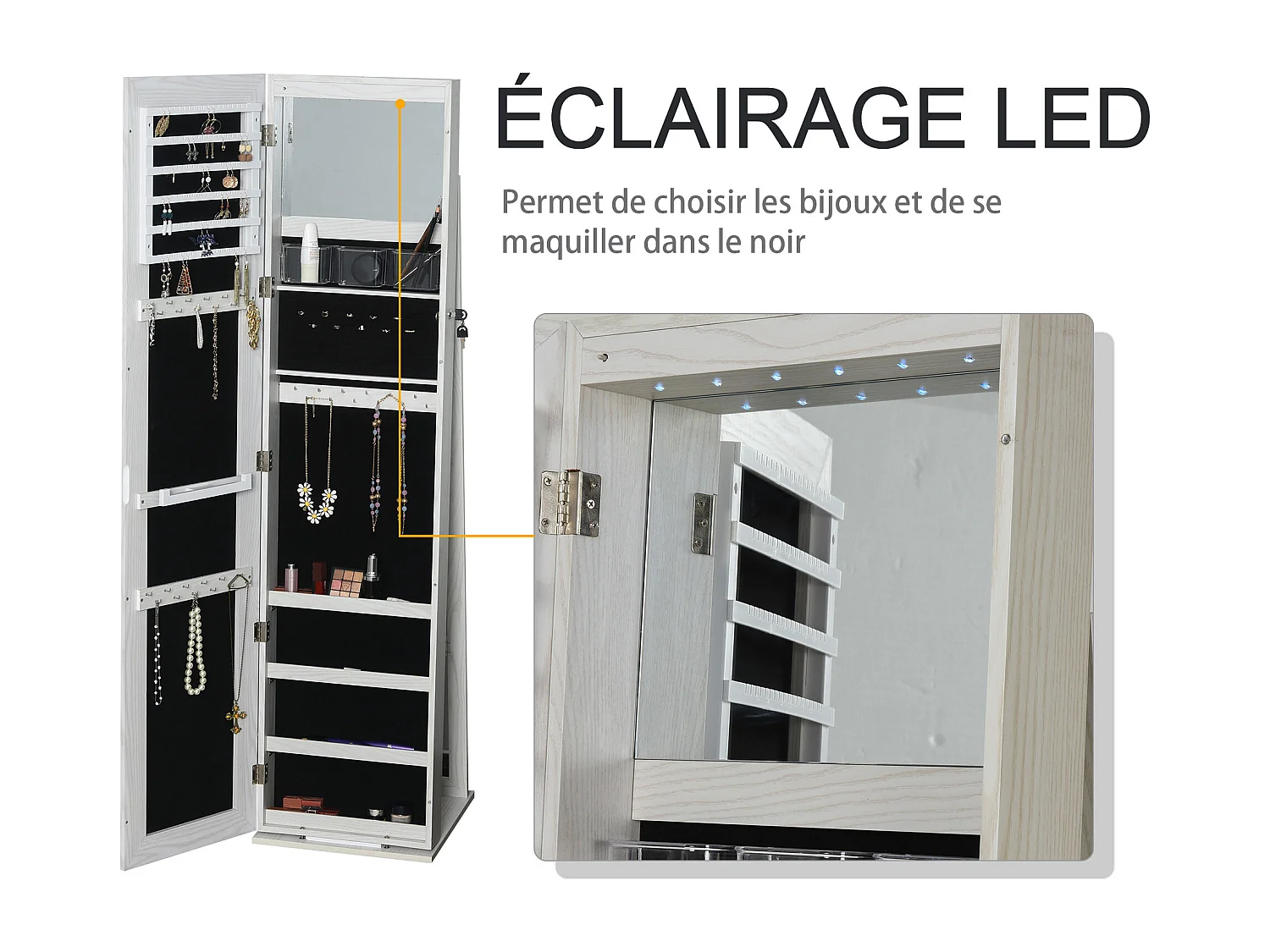 HOMCOM Armoire à bijoux avec miroir sur pied multi-rangements éclairage LED blanc dim. 38L x 38l x H157 cm