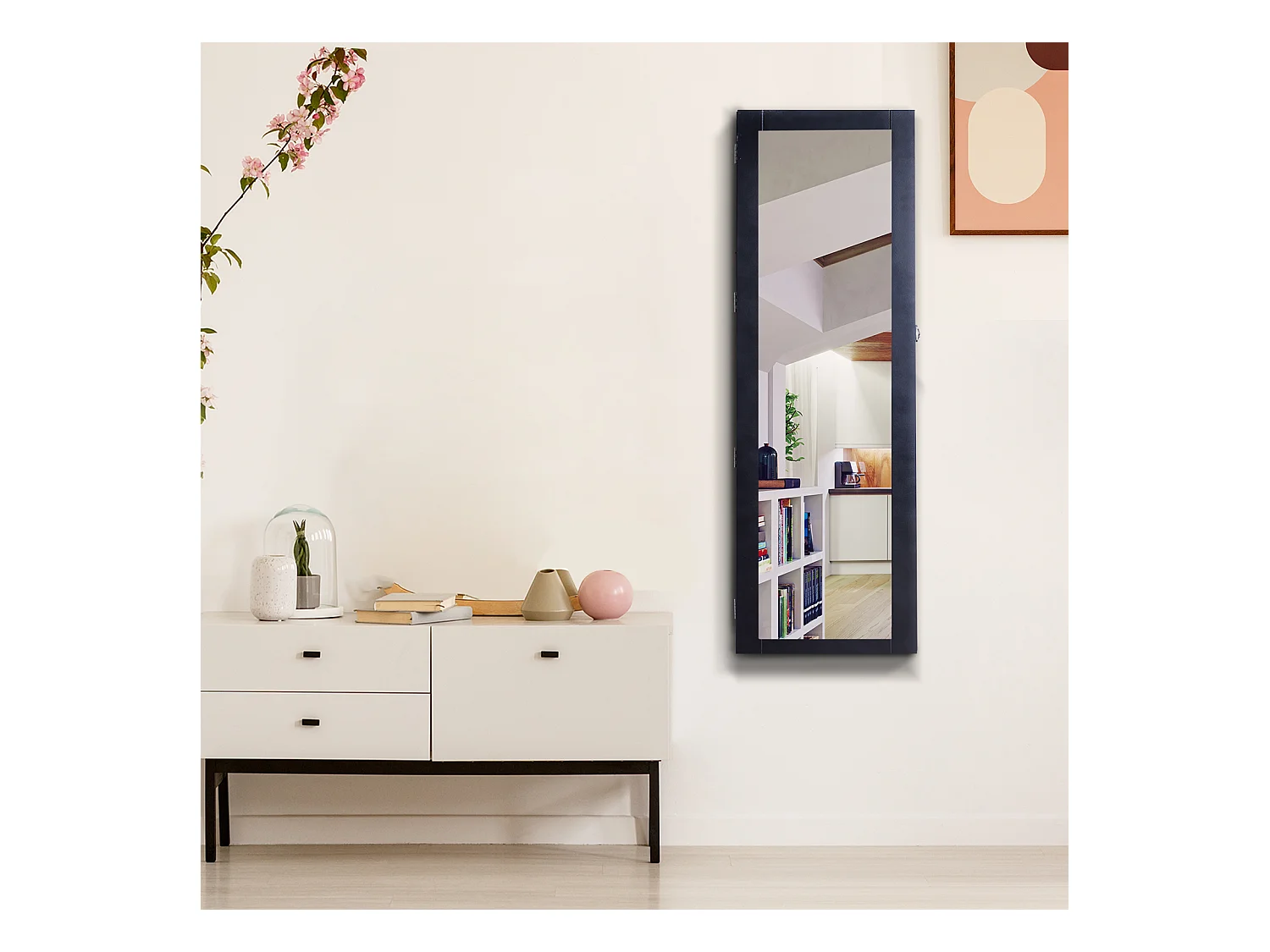 Armoire à bijoux multi-rangements design contemporain mural avec miroir 37L x 10l x 112H cm noire