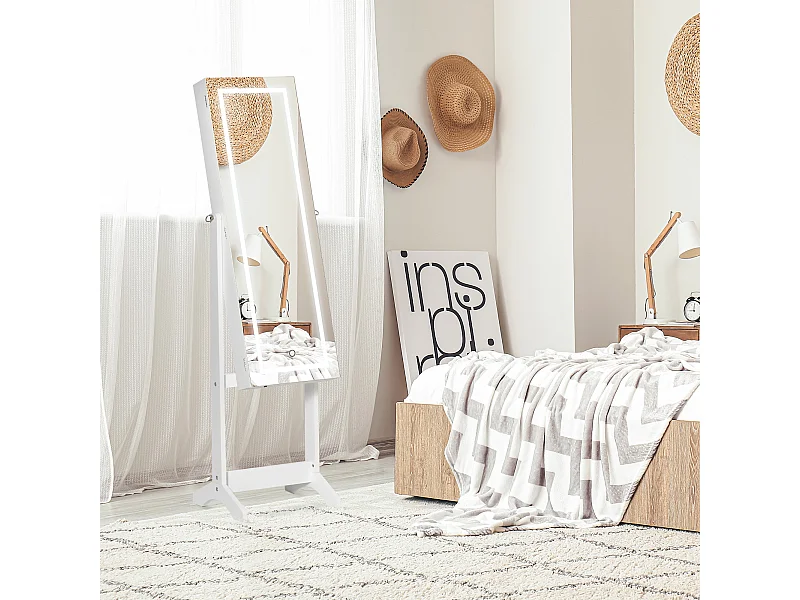 Armoire à bijoux sur pied multi-rangement avec miroir LED MDF blanc