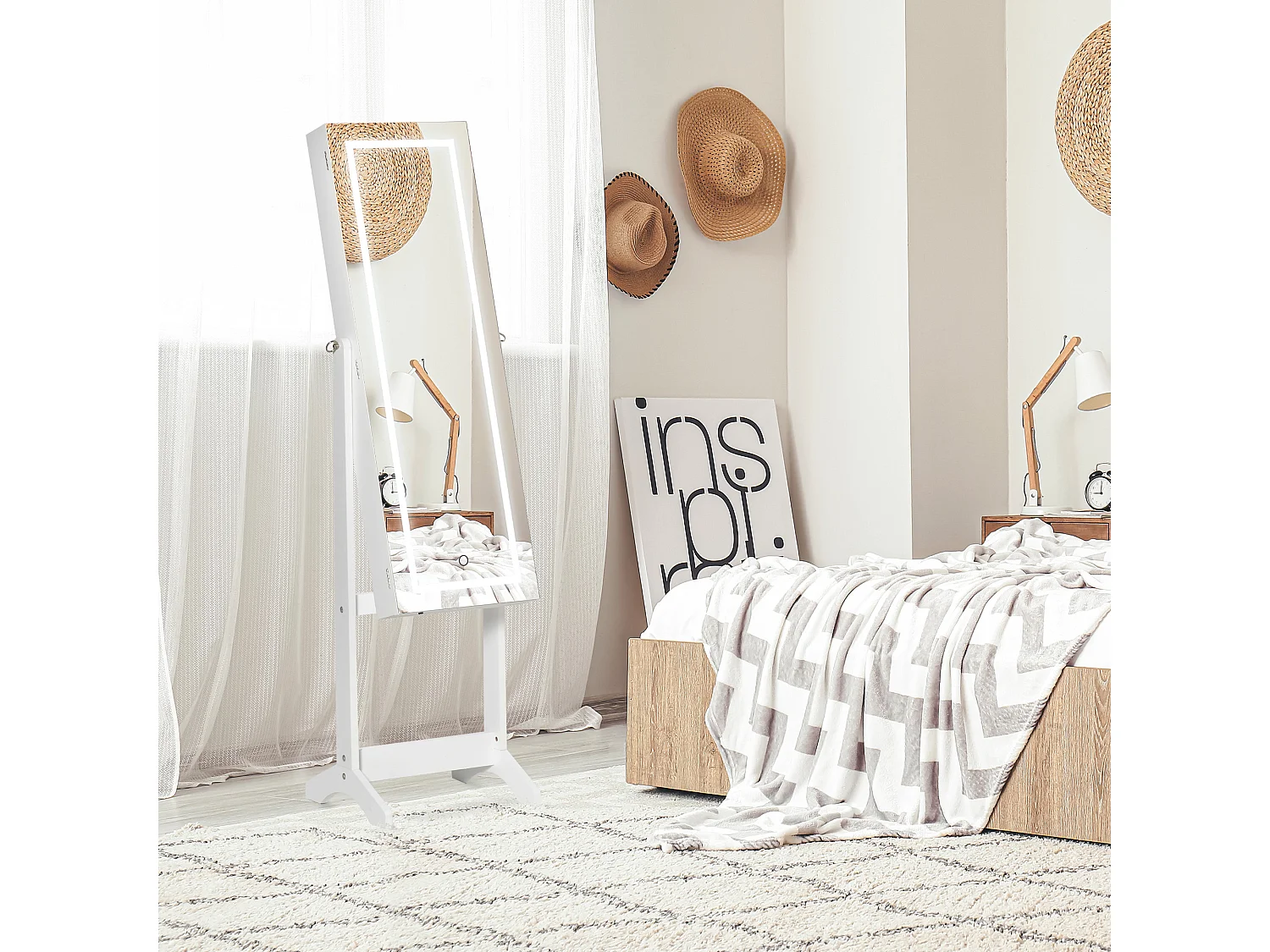 Armoire à bijoux sur pied multi-rangement avec miroir LED MDF blanc