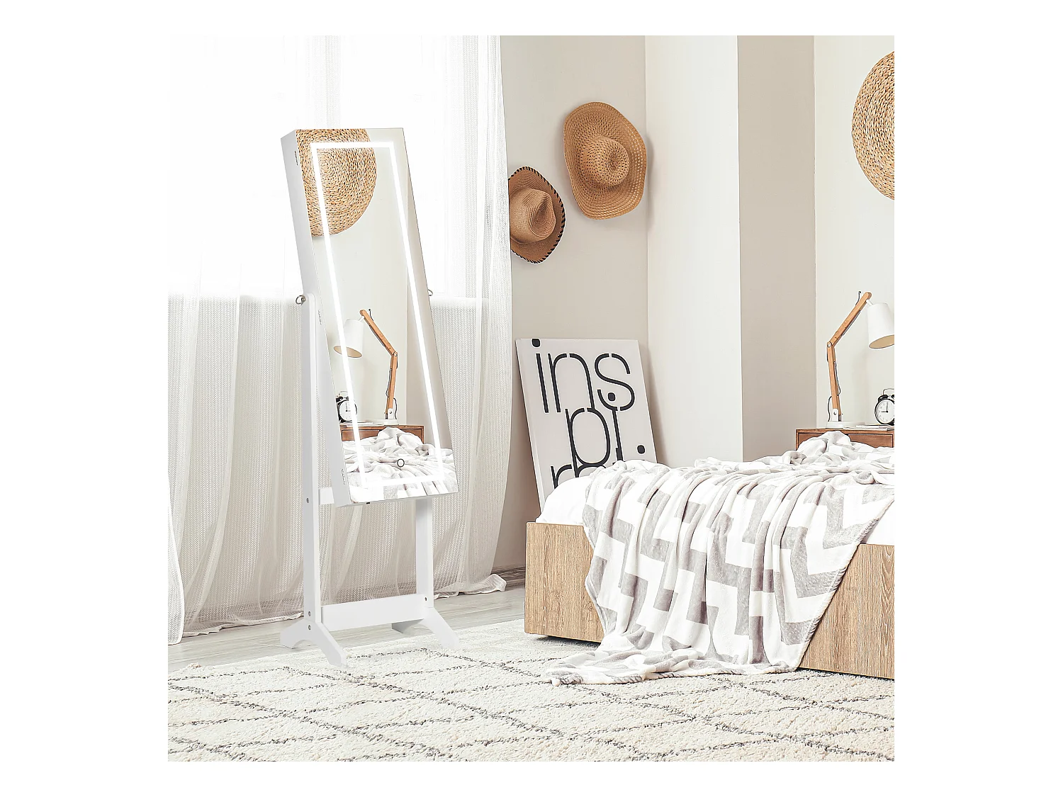Armoire à bijoux sur pied multi-rangement avec miroir LED MDF blanc