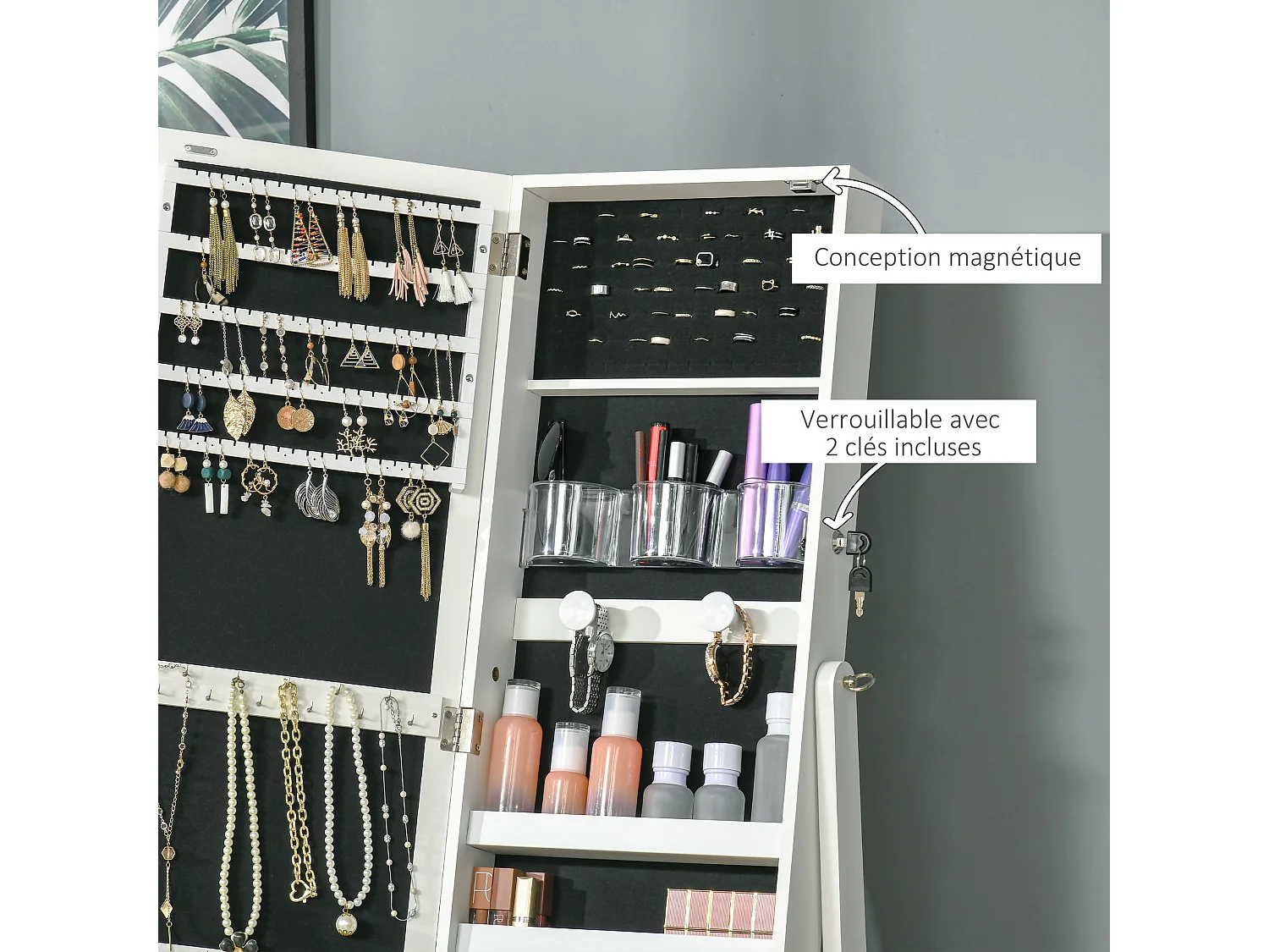 Armoire à bijoux sur pied multi-rangement avec miroir LED MDF blanc