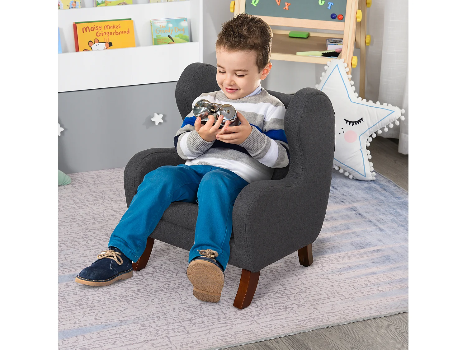 Fauteuil enfant oreilles grand confort accoudoirs assise dossier garnissage mousse haute densité piètement bois hévéa verni lin gris