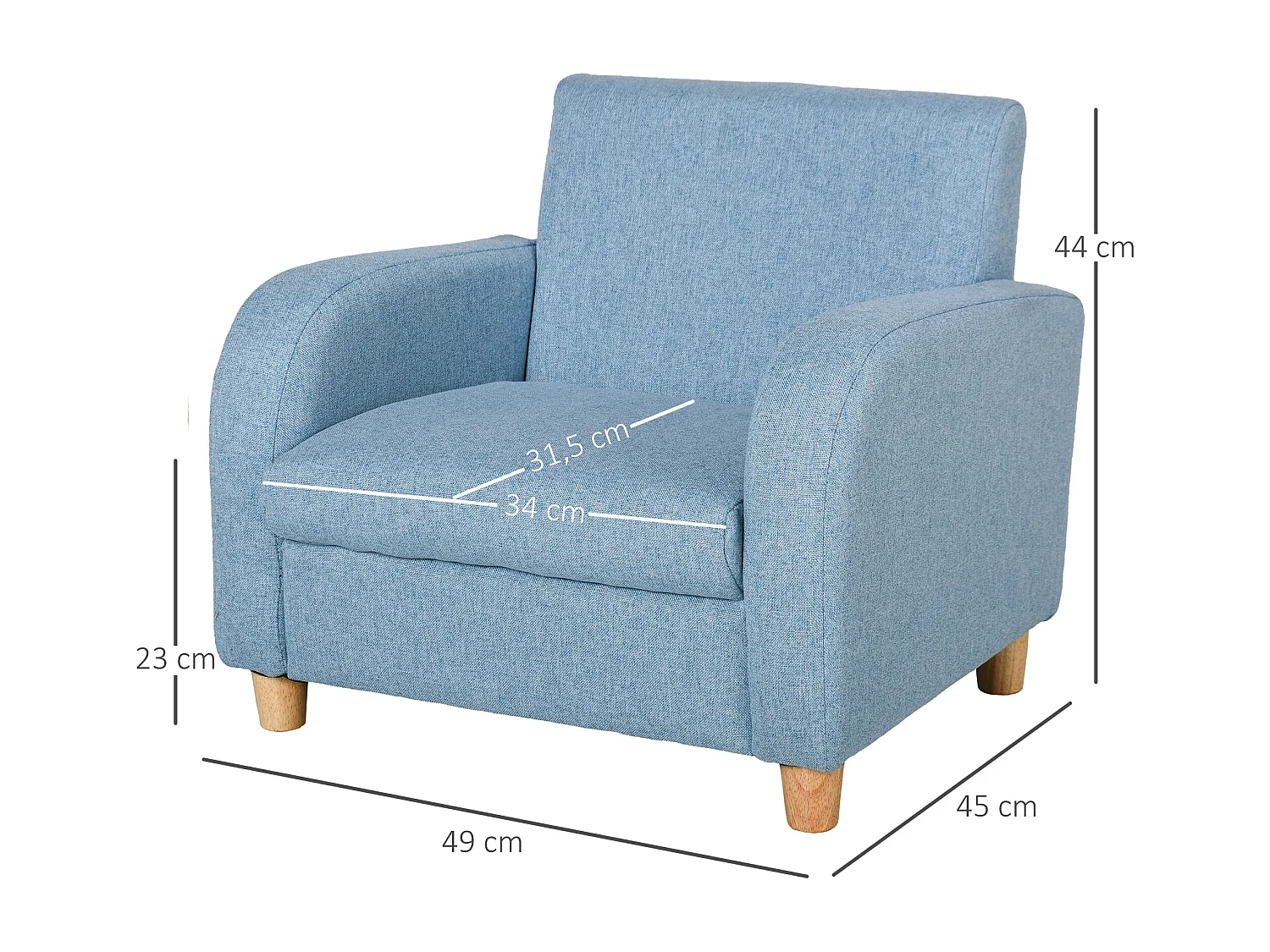 Fauteuil enfant design scandinave grand confort accoudoirs assise dossier garnissage mousse haute densité piètement bois caoutchouc lin bleu