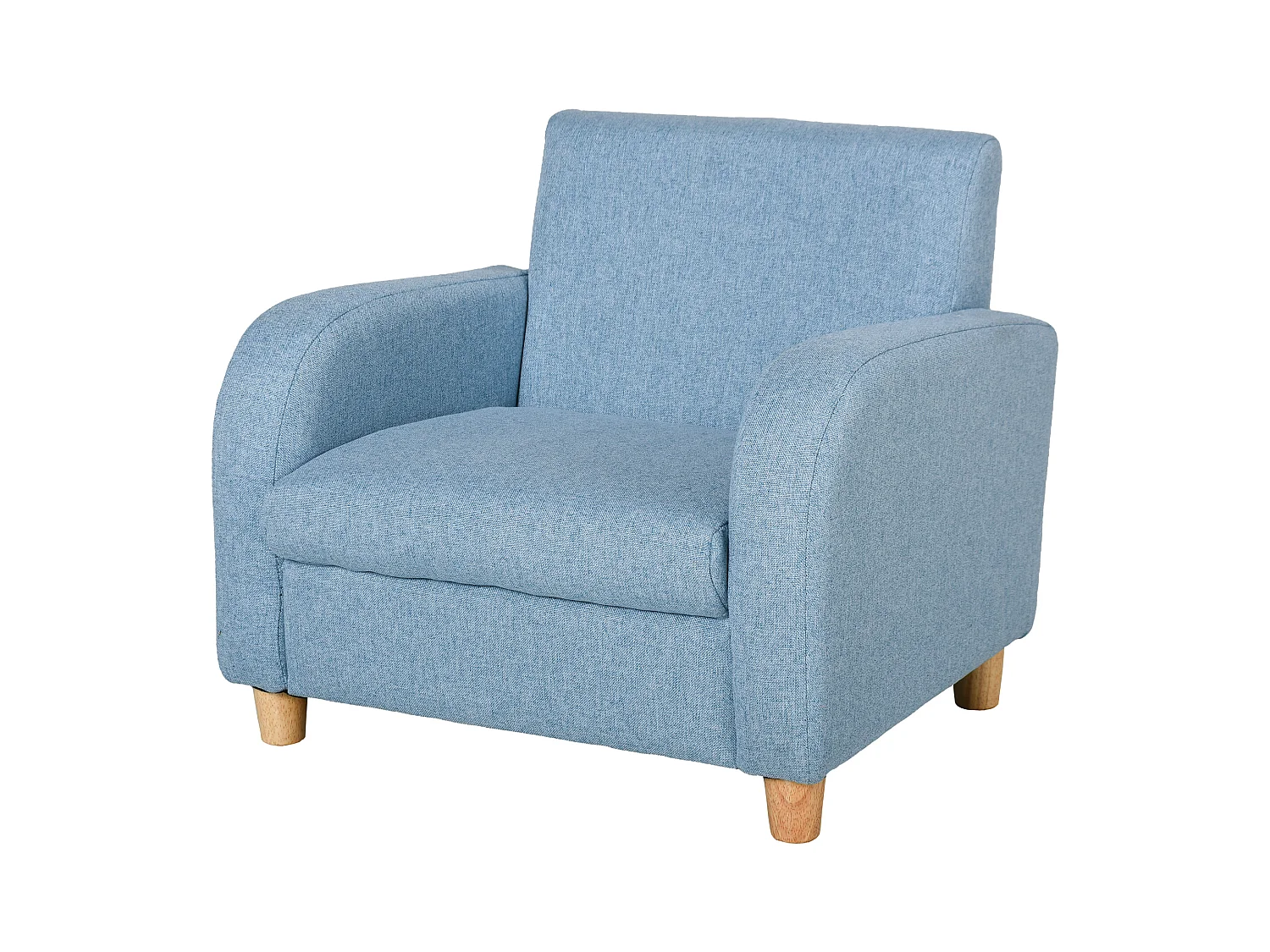 Fauteuil enfant design scandinave grand confort accoudoirs assise dossier garnissage mousse haute densité piètement bois caoutchouc lin bleu