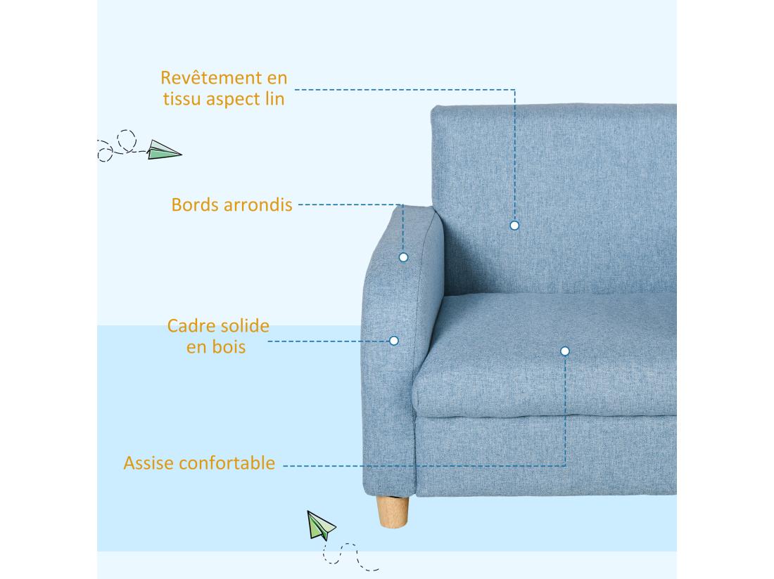 vente unique Fauteuil enfant design scandinave grand confort accoudoirs assise dossier garnissage mousse haute densité piètement bois caoutchouc lin bleu