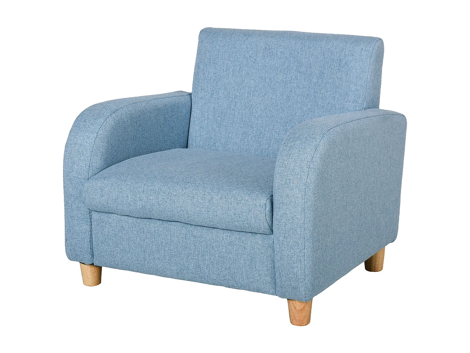Fauteuil enfant design scandinave grand confort accoudoirs assise dossier garnissage mousse haute densité piètement bois caoutchouc lin bleu