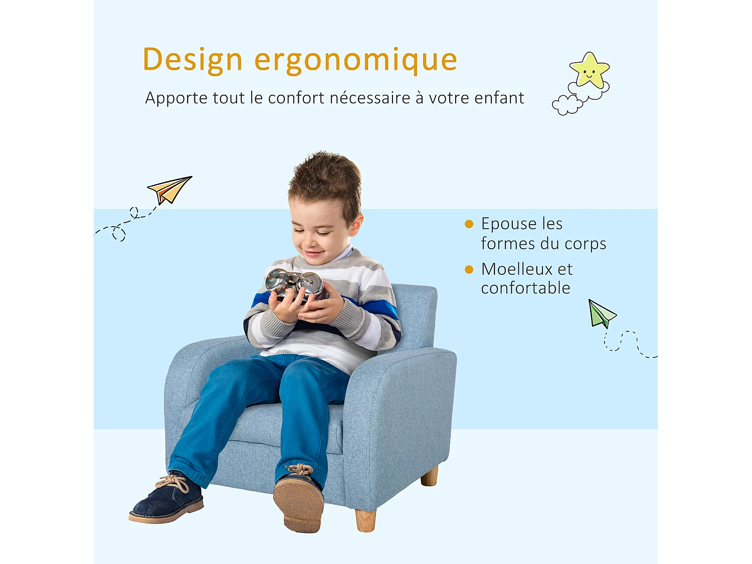 Fauteuil enfant design scandinave grand confort accoudoirs assise dossier garnissage mousse haute densité piètement bois caoutchouc lin bleu