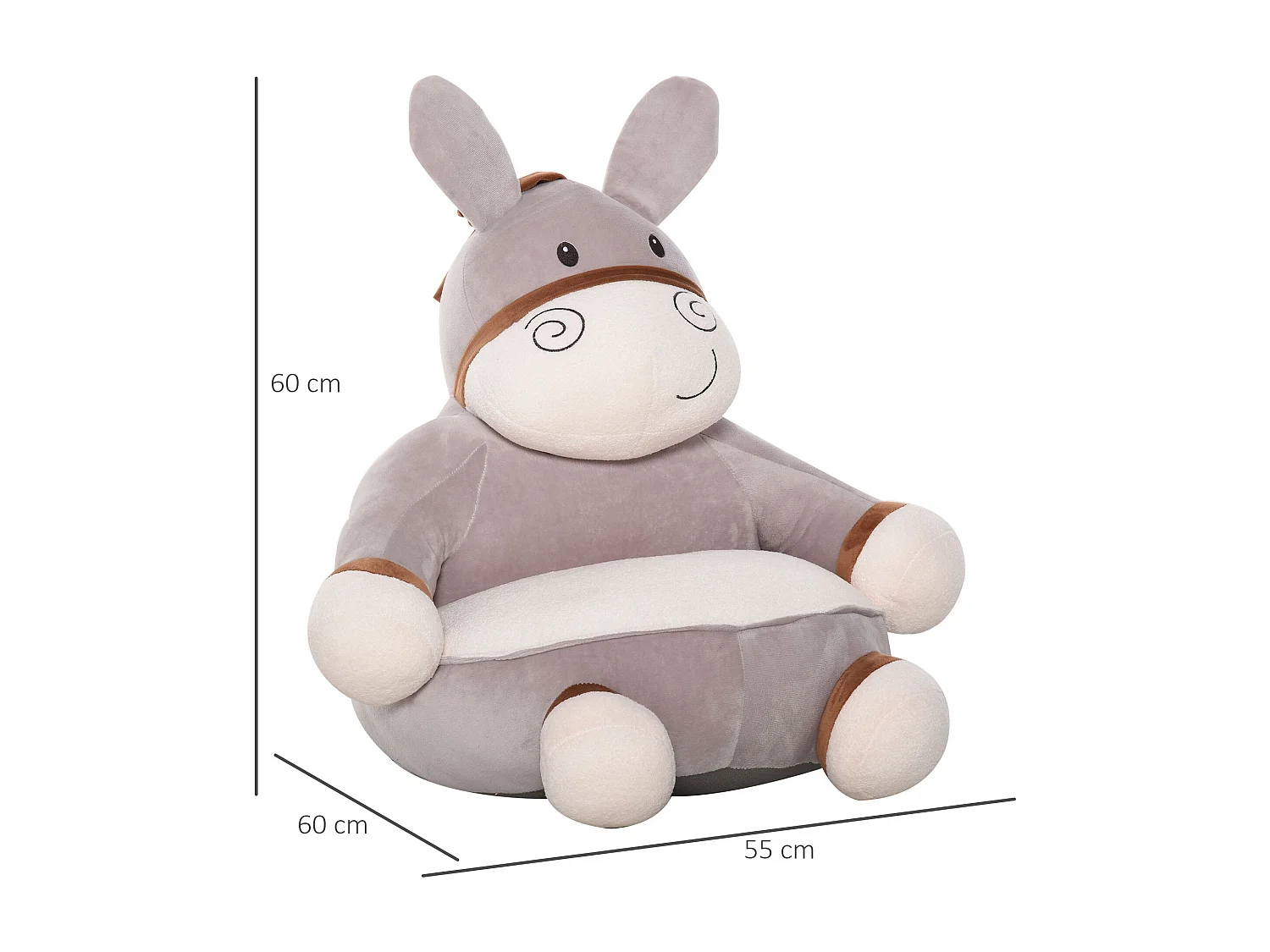 Fauteuil enfant âne dim. 60L x 55l x 60H cm garnissage moelleux coton revêtement velours gris crème