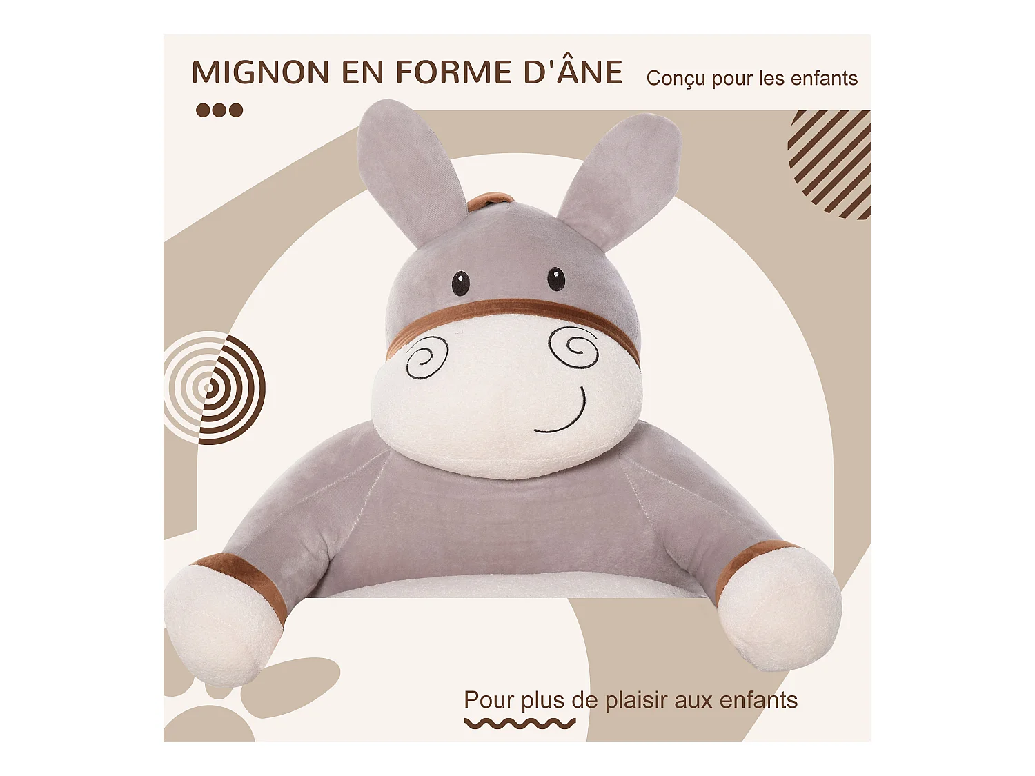 Fauteuil enfant âne dim. 60L x 55l x 60H cm garnissage moelleux coton revêtement velours gris crème