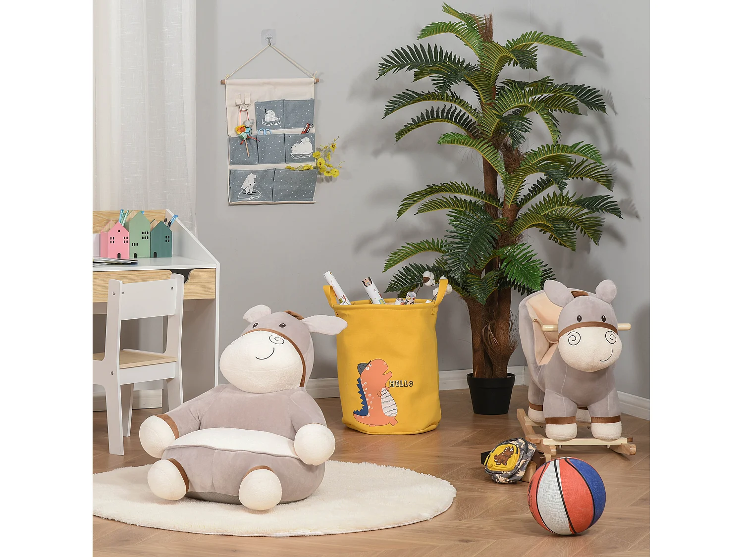 Fauteuil enfant âne dim. 60L x 55l x 60H cm garnissage moelleux coton revêtement velours gris crème