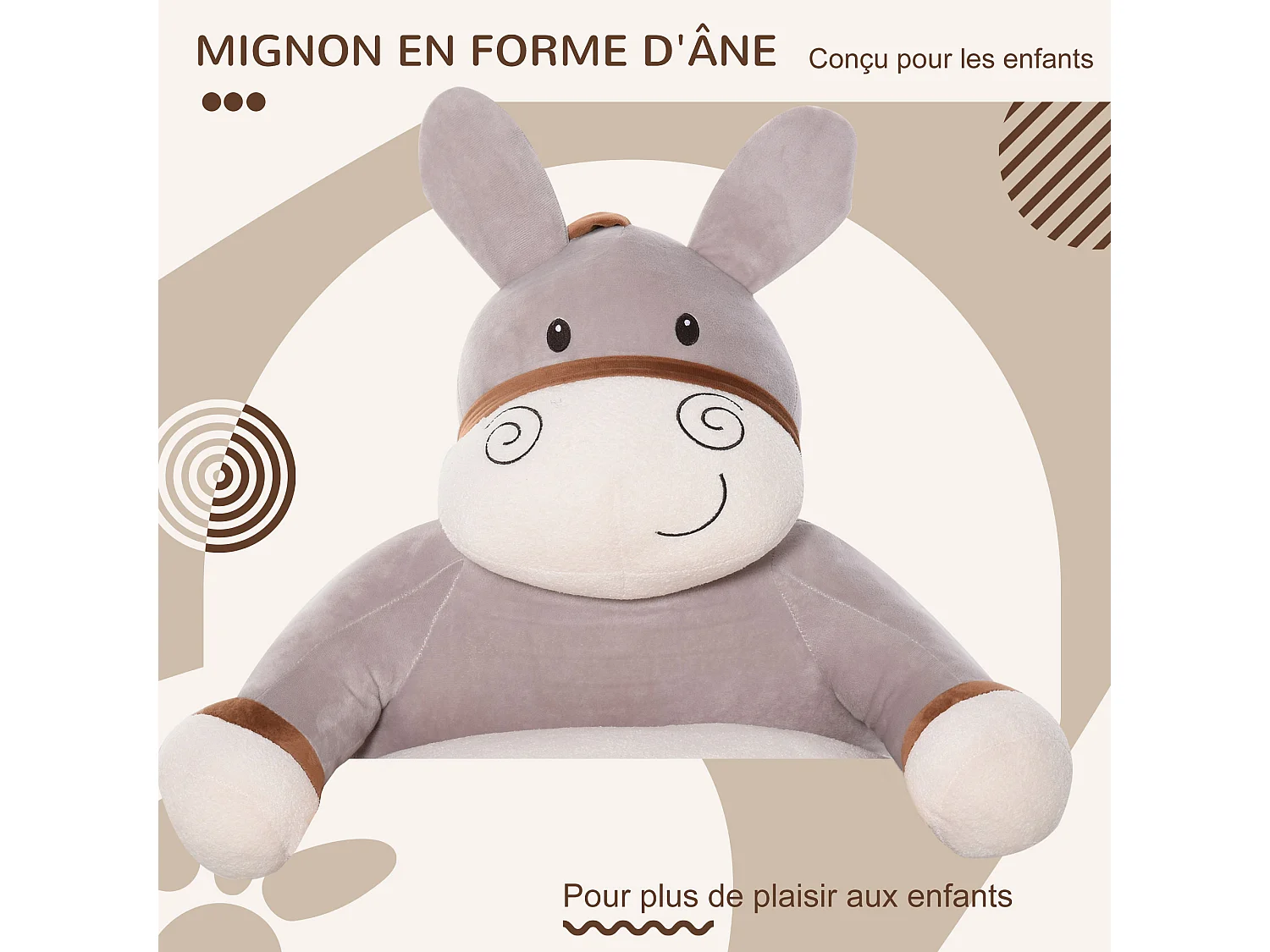 Fauteuil enfant âne dim. 60L x 55l x 60H cm garnissage moelleux coton revêtement velours gris crème