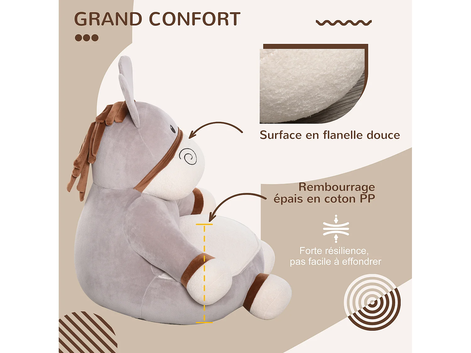 Fauteuil enfant âne dim. 60L x 55l x 60H cm garnissage moelleux coton revêtement velours gris crème