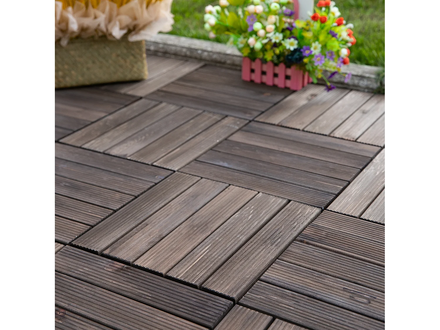 Dalles terrasse - caillebotis - lot de 27 pcs, surface max. 2,5 m²- emboîtables, installation très simple - carreaux bois sapin teinté noir