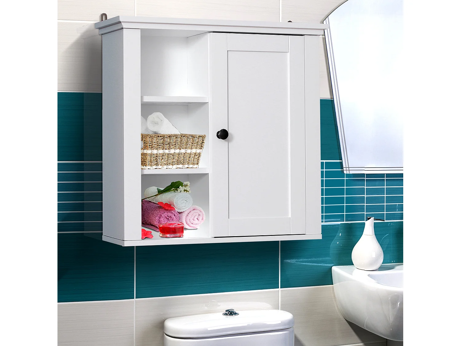 Armoire haute murale de salle de bain ou WC placard 1 porte 3 niches dim. 53L x 14,5l x 50,5H cm MDF panneaux particules blanc