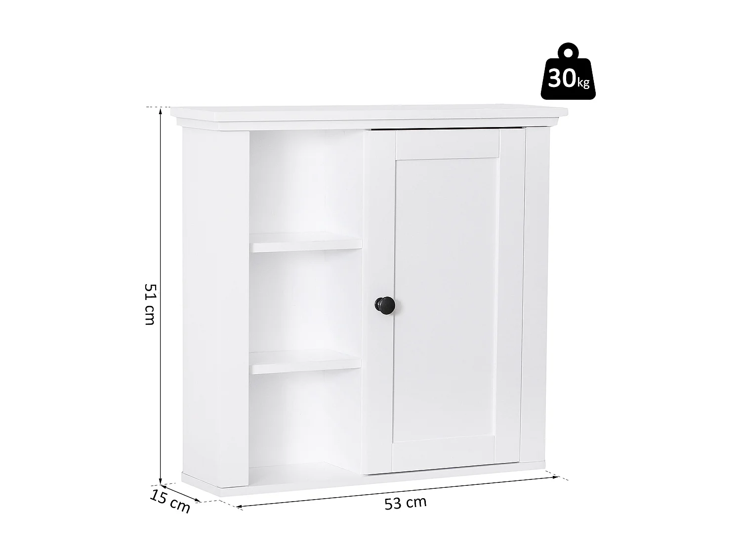 Armoire haute murale de salle de bain ou WC placard 1 porte 3 niches dim. 53L x 14,5l x 50,5H cm MDF panneaux particules blanc