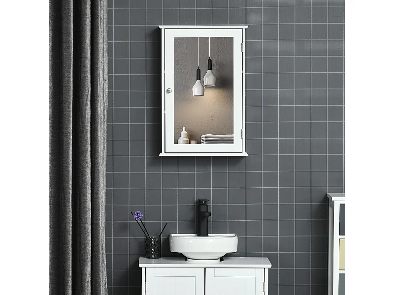 Armoire murale de salle de bain avec miroir - armoire à glace - placard de rangement toilettes - 1 porte, 2 étagères - verre MDF blanc
