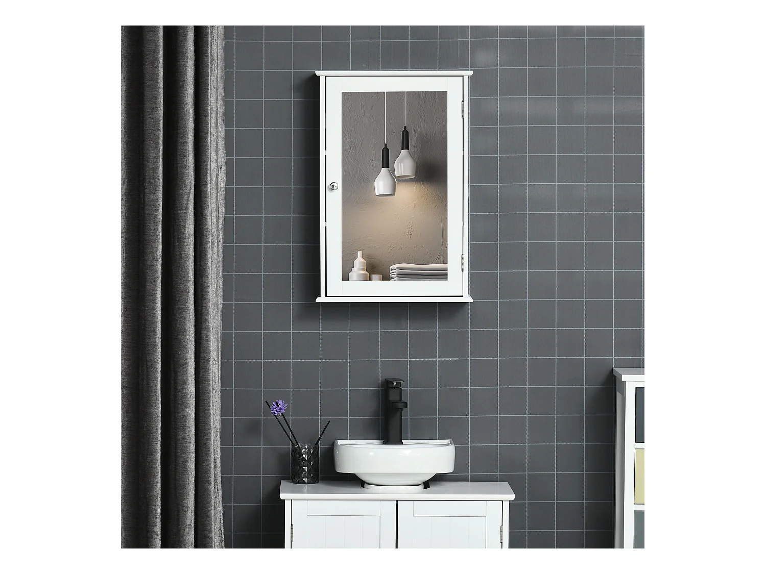 Armoire murale de salle de bain avec miroir - armoire à glace - placard de rangement toilettes - 1 porte, 2 étagères - verre MDF blanc