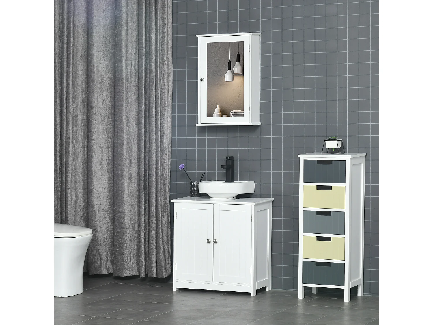 Armoire murale de salle de bain avec miroir - armoire à glace - placard de rangement toilettes - 1 porte, 2 étagères - verre MDF blanc