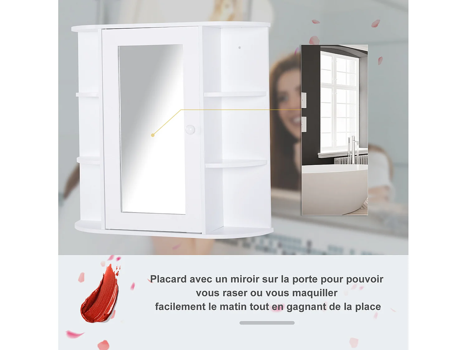 Armoire murale salle de bain armoire à glace placard de rangement toilettes 1 porte + étagères latérales MDF blanc