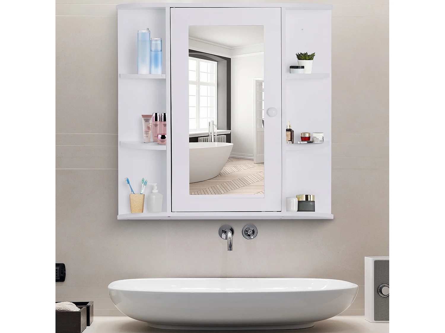 Armoire murale salle de bain armoire à glace placard de rangement toilettes 1 porte + étagères latérales MDF blanc