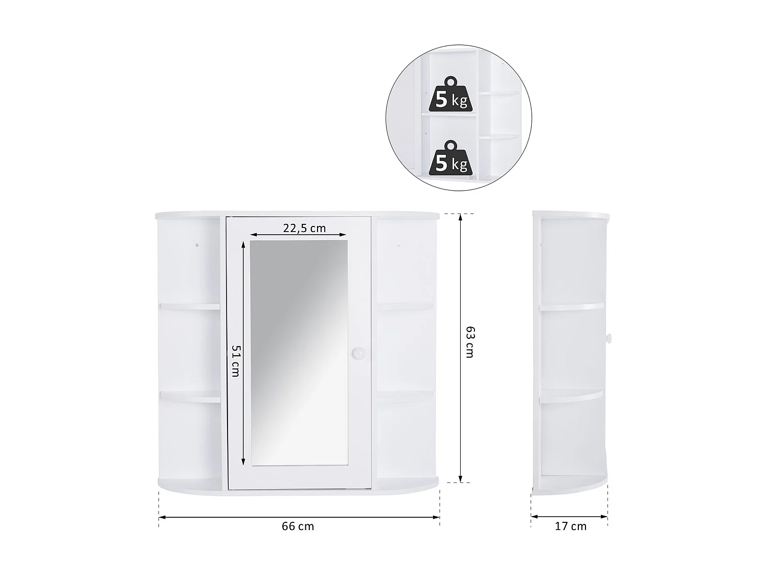 Armoire murale salle de bain armoire à glace placard de rangement toilettes 1 porte + étagères latérales MDF blanc