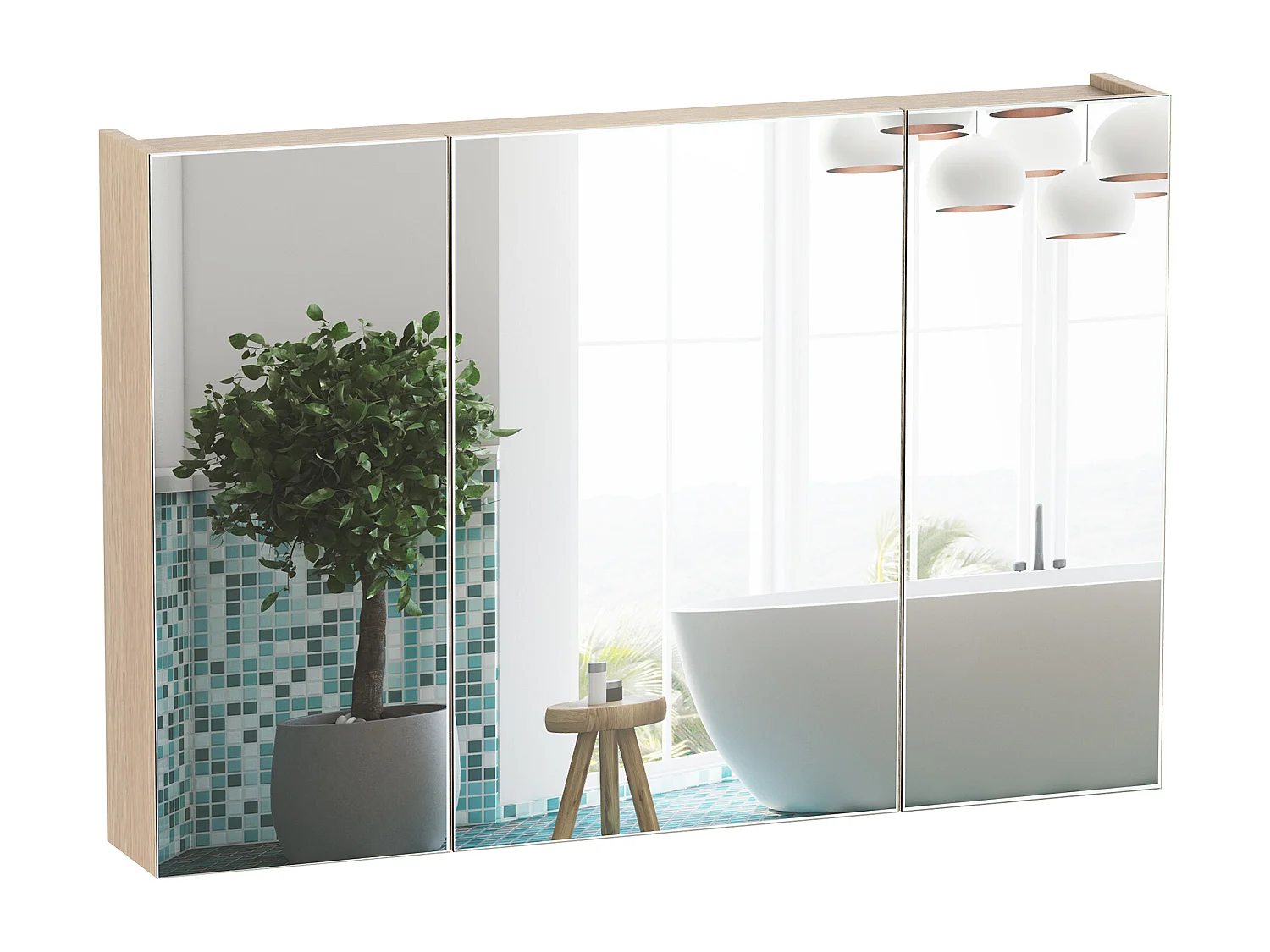 Armoire murale miroir salle de bain 3 portes 3 étagères dim. 90L x 14l x 60H cm panneaux particules chêne clair