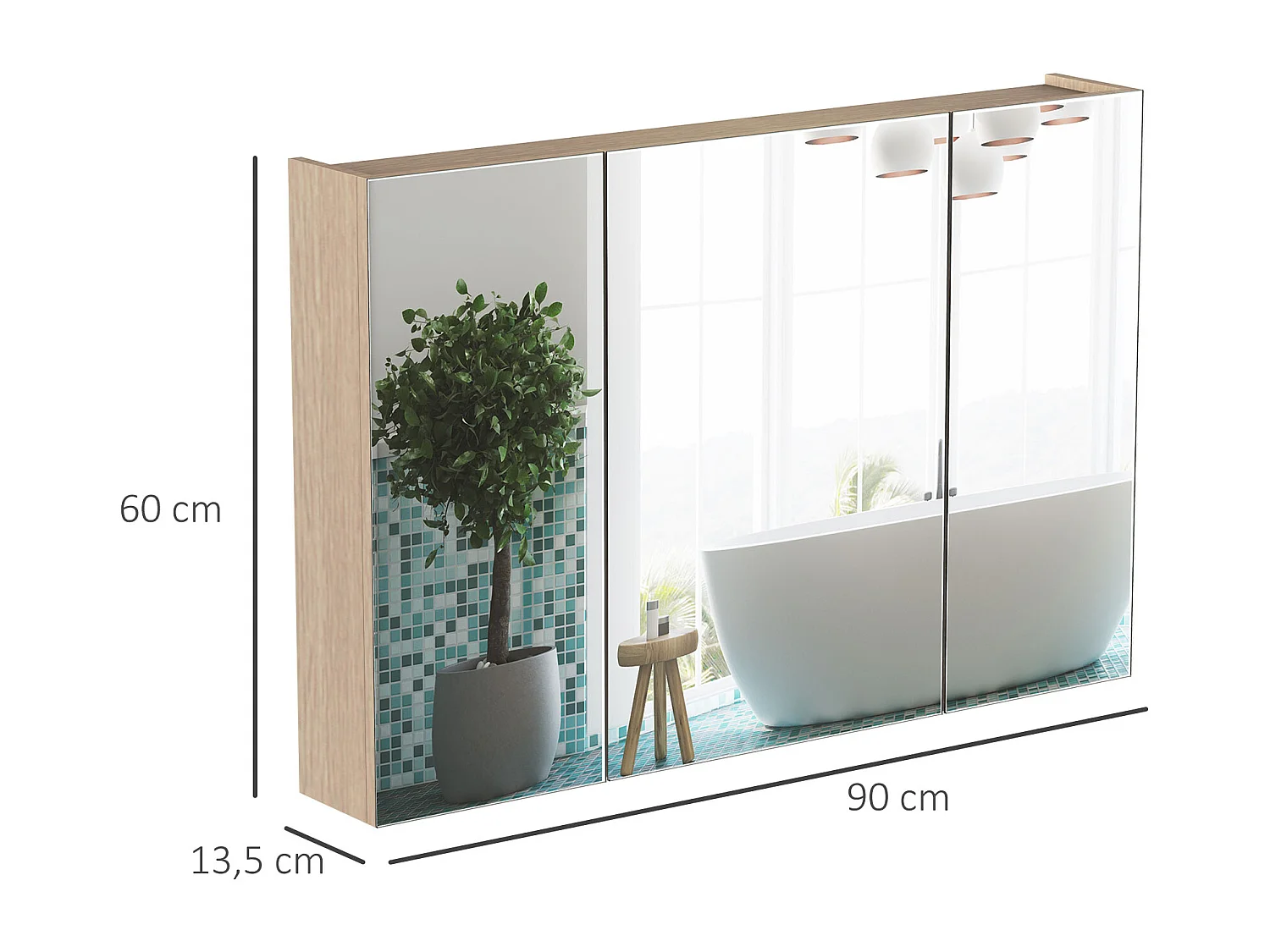 Armoire murale miroir salle de bain 3 portes 3 étagères dim. 90L x 14l x 60H cm panneaux particules chêne clair