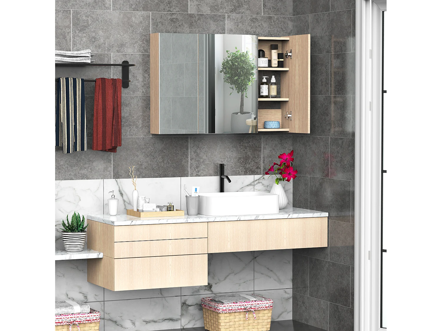 Armoire murale miroir salle de bain 3 portes 3 étagères dim. 90L x 14l x 60H cm panneaux particules chêne clair
