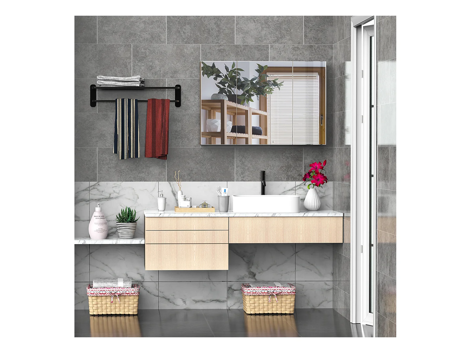 Armoire murale miroir salle de bain 3 portes 3 étagères dim. 90L x 14l x 60H cm panneaux particules chêne clair